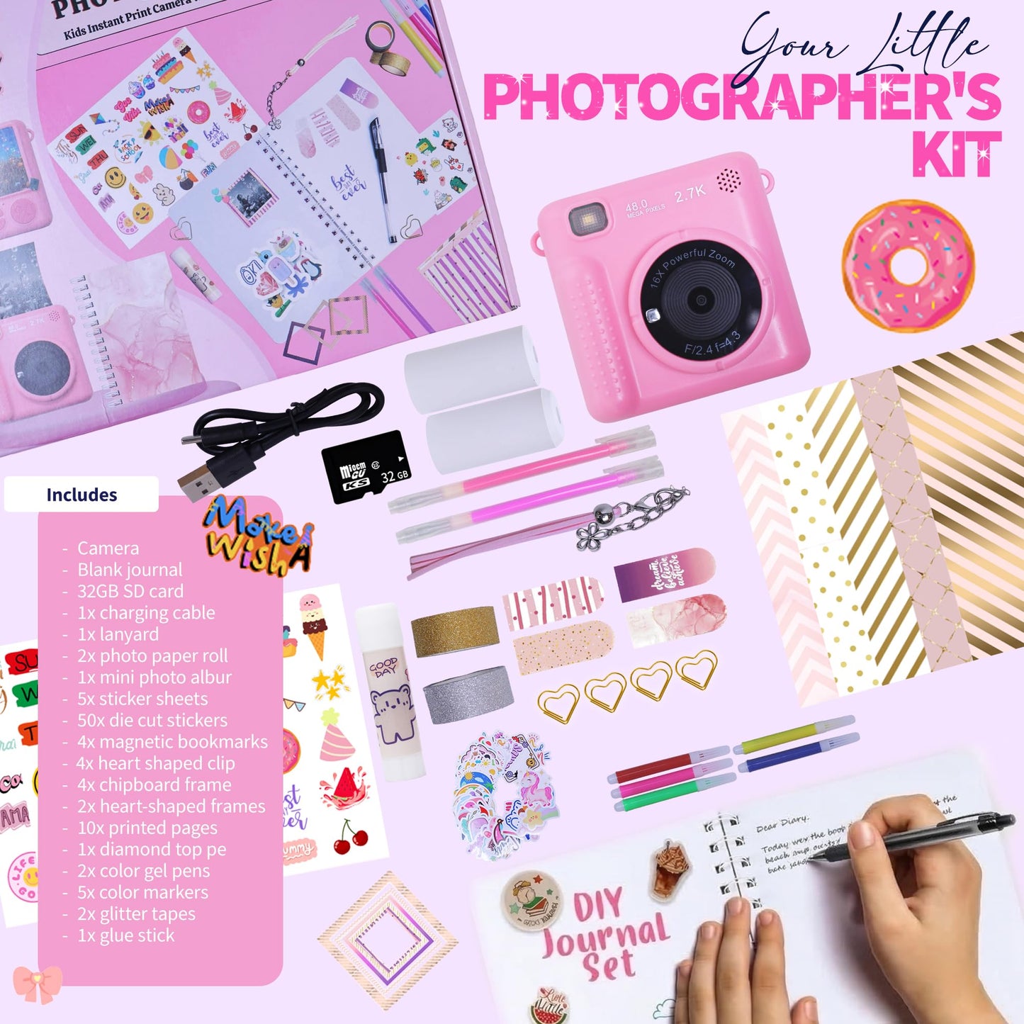 FINcredible Photomaker Kit - Instant Print Camera for Kids Plus DIY Journal Kit for Girls - 150 Pcs Tween Journal & Camera for Girls - 6 7 8 9 10 11 12 13 14 Year Old Girl (Pink)