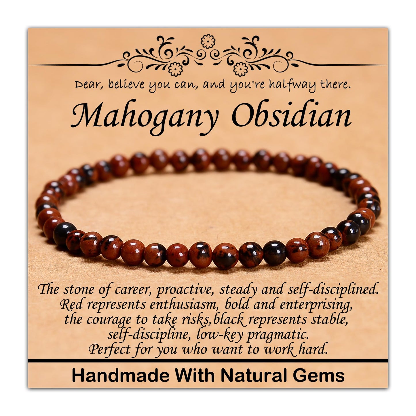 CHCCOYE 4mm Natural Healing Gemstone Bracelet Handmade Yoga Stretch Elastic Bracelet Stress Relief Crystal Jewelry for Men and Women (4mm,Mahogany Obsidian)