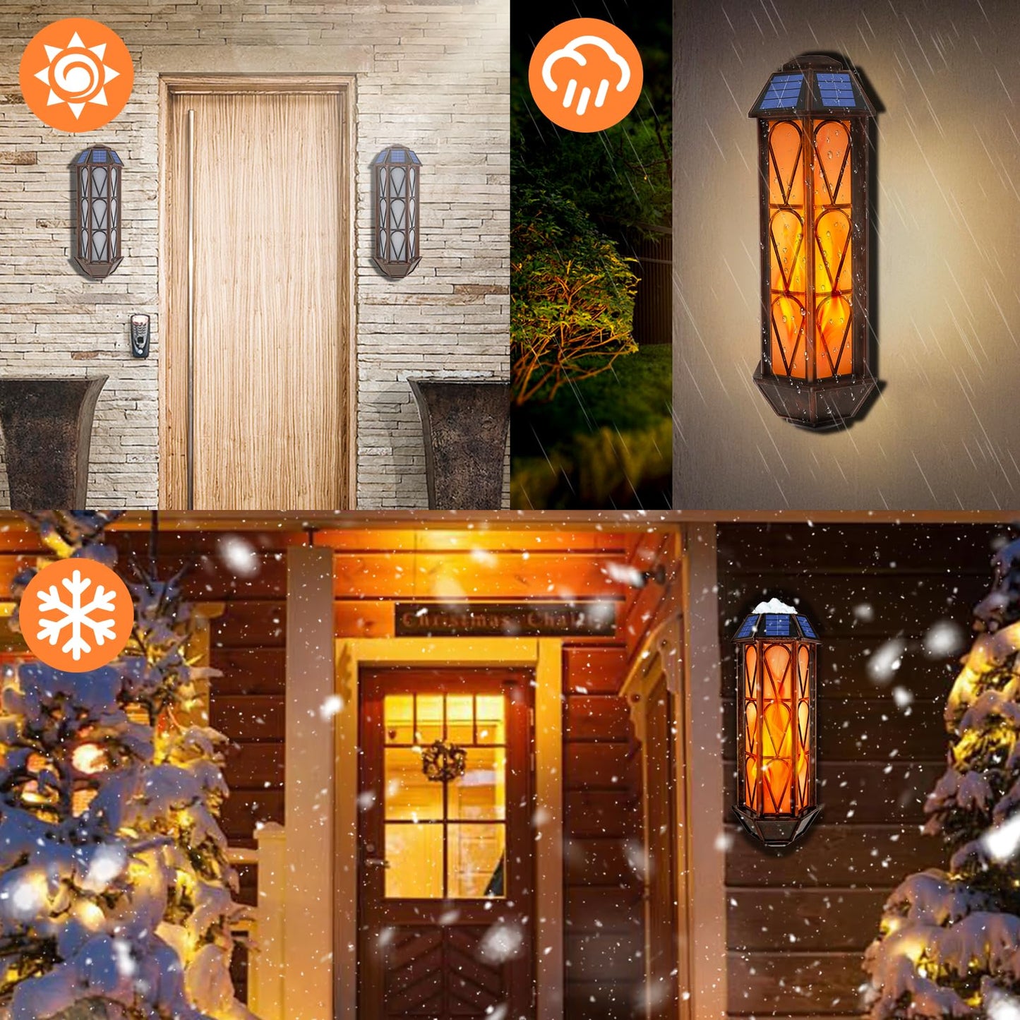 Solar Flame Wall Sconce Lights Outdoor, 74 LED Flickering Flame Sconces, Solar Powered Auto On/Off, Waterproof Wall Lanterns for House Garage Doorway Garden Porch Patio Yard Decoration (2 Pack)