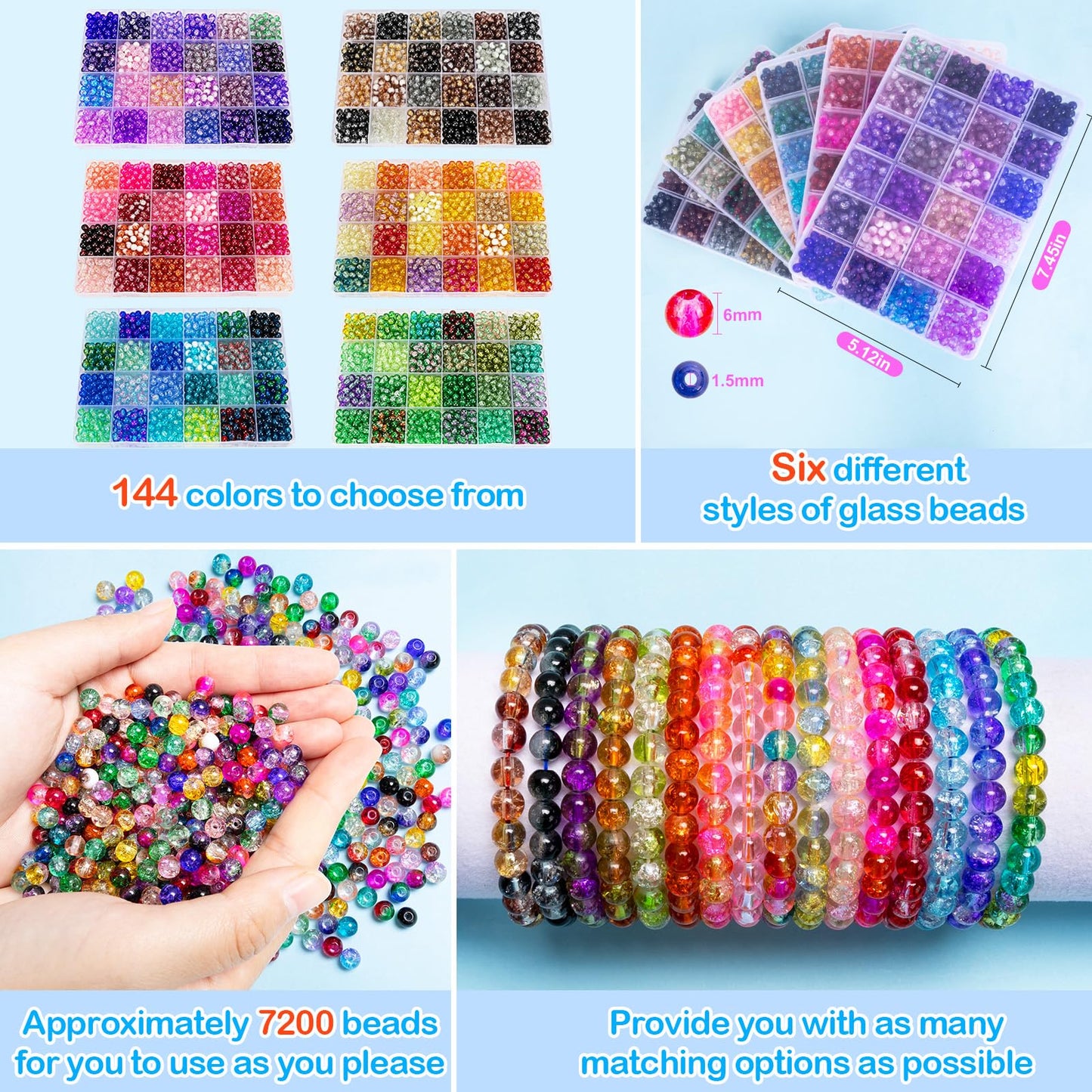 XSEINO About 7200pcs 144 Colors 6mm Crackle Glass Beads Bracelet Making Kit,6Box Different Style Crack Series Colorful Crystal Beads for Bracelet Jewelry Making,DIY Crafts,Friendship Bracelets