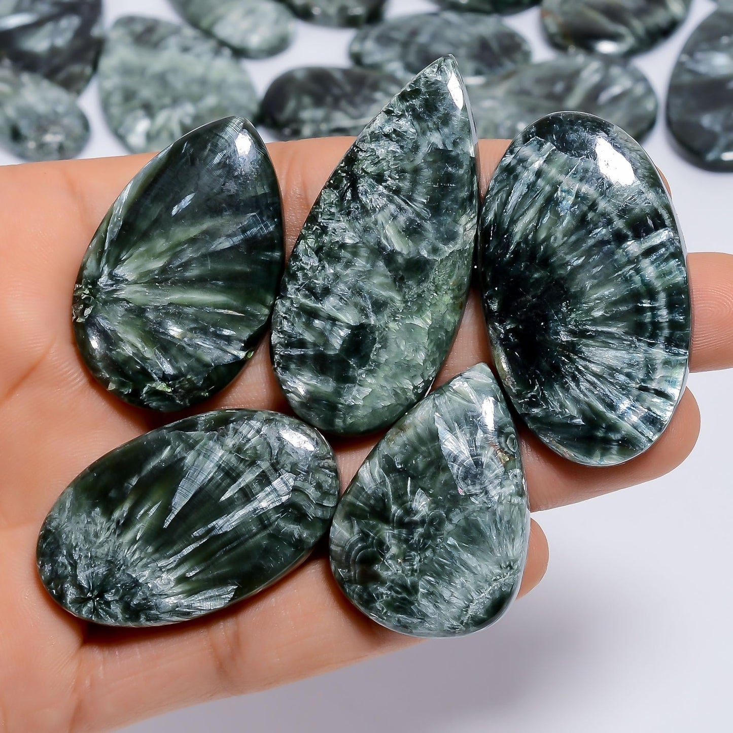 Natural Seraphinite Gemstone- Healing Crystals for DIY Jewelry Making -Loose Natural Cabochon -Perfect for Crafting Unique Jewelry Designs Gift for Her, Mother and Wife (5 pcs, 25-35 mm)