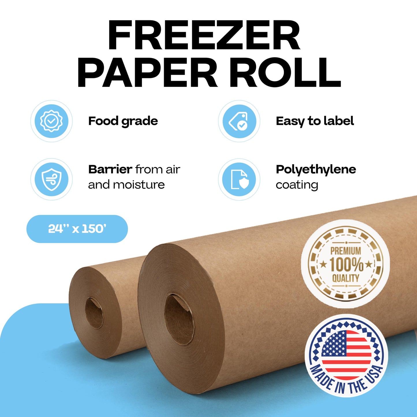 Brown Freezer Paper Roll 24" x 1800" (150 feet) - USA-made Freezer Paper for Meat & Fish - Food Wrapping Paper for Freezing Food - Plastic Coated Brown Freezer Wrap by IDL Packaging