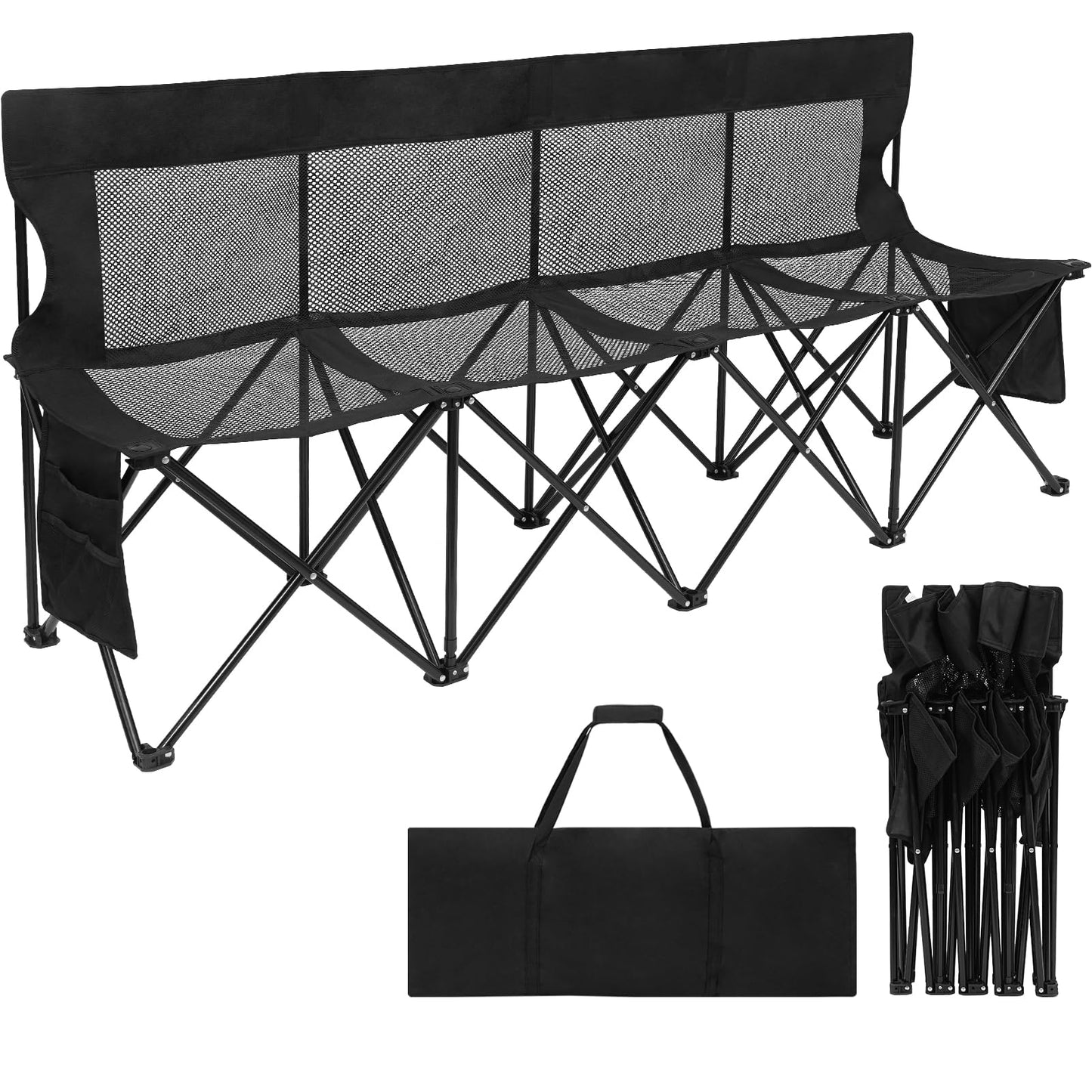 Permade Soccer Bench- Folding Team Bench Soccer 4 Seats, Portable Sideline Sports Benches with Mesh Seat and Back with Bag, Foldable Breathable Chairs for Sports Football Camp Events (Black