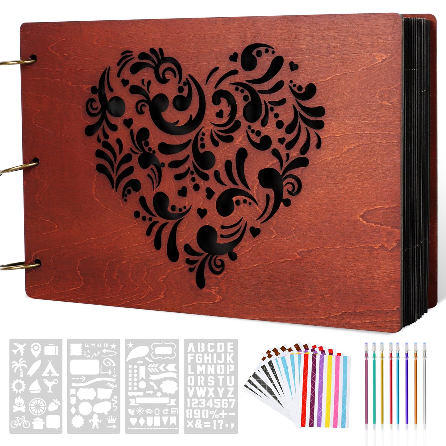 Giiffu Wooden Scrapbook Photo Album with Heart Design, DIY Memory Book, 100 Pages Personalized Scrapbooking Album, Romantic Gift for Wedding, Anniversary & Valentine’s Day