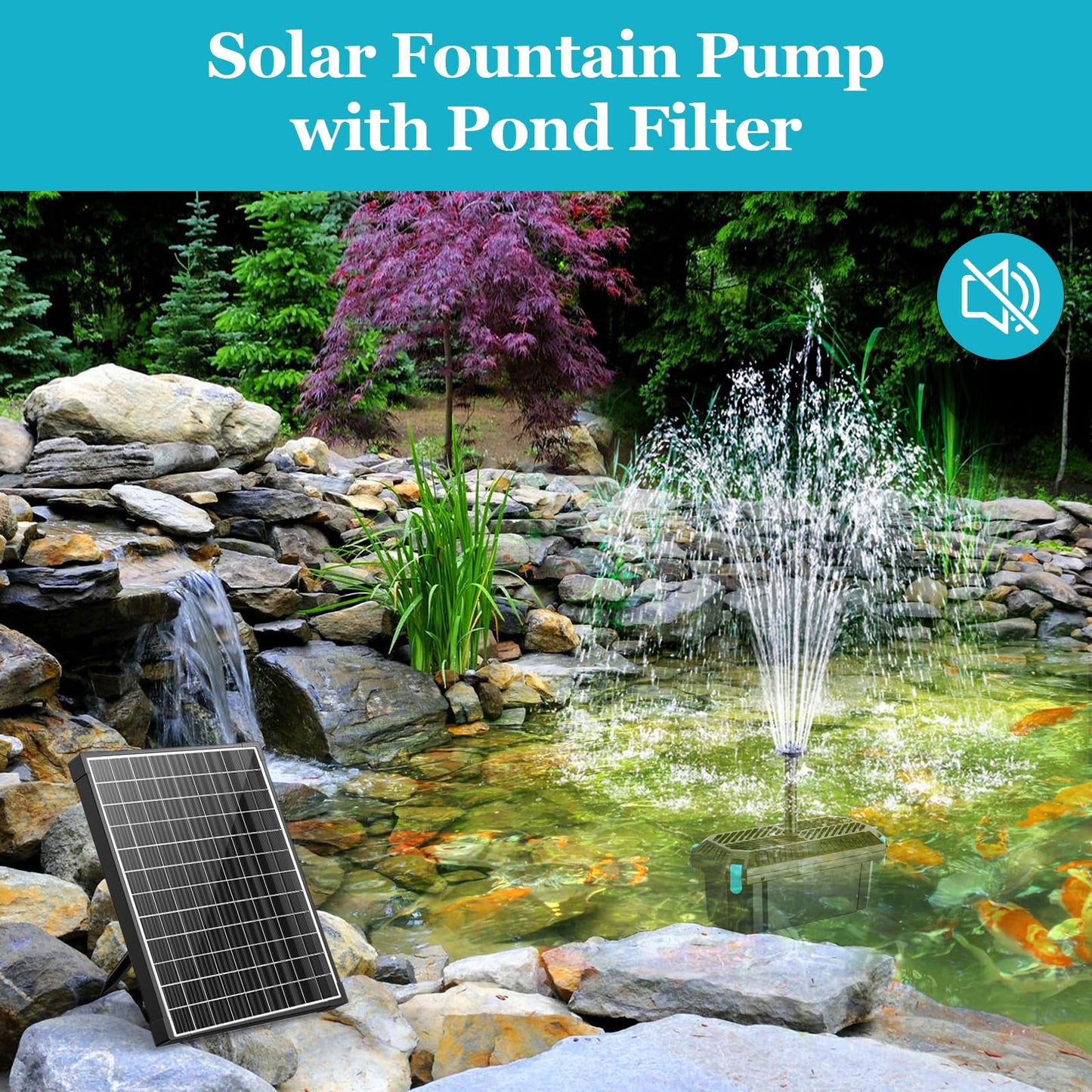 POPOSOAP 25W Solar Pond Filter with Water Pump, Solar Pond Filter Box with Water Flow Adjustable, Pond Pump with PVC Tubing for Outdoor Pond Fish Tank Waterfall Garden Water Feature-P3253