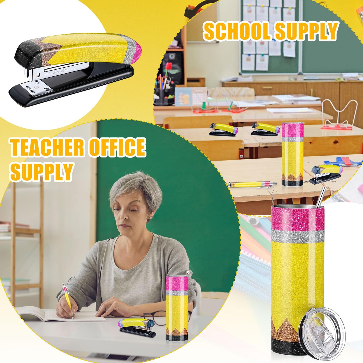 Humyoun 3 Pcs Teacher Appreciation Gifts Set Glitter Pencil Stapler Tumbler Ballpoint Pen Teacher Gift Office Supply 20 oz Stainless Tumbler Stapler with Staples for 2026 Graduation School Gift