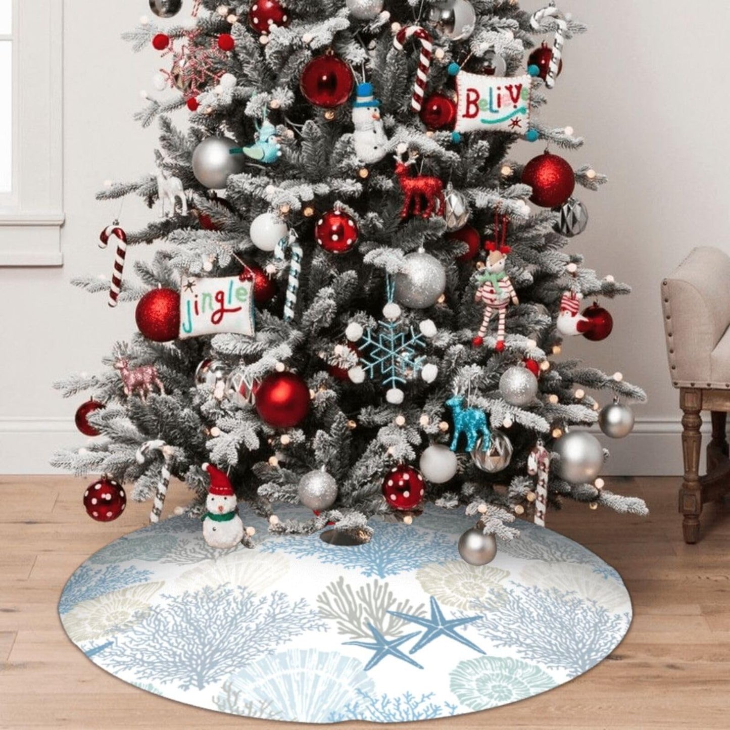 Ocean Sea Shell Starfish Coral Coastal Nautical 36 Inch Christmas Tree Skirt Carpet Mat Funny Party Soft Cover Mat Decor Supplies for Xmas Halloween Decorations Occasion Farmhouse