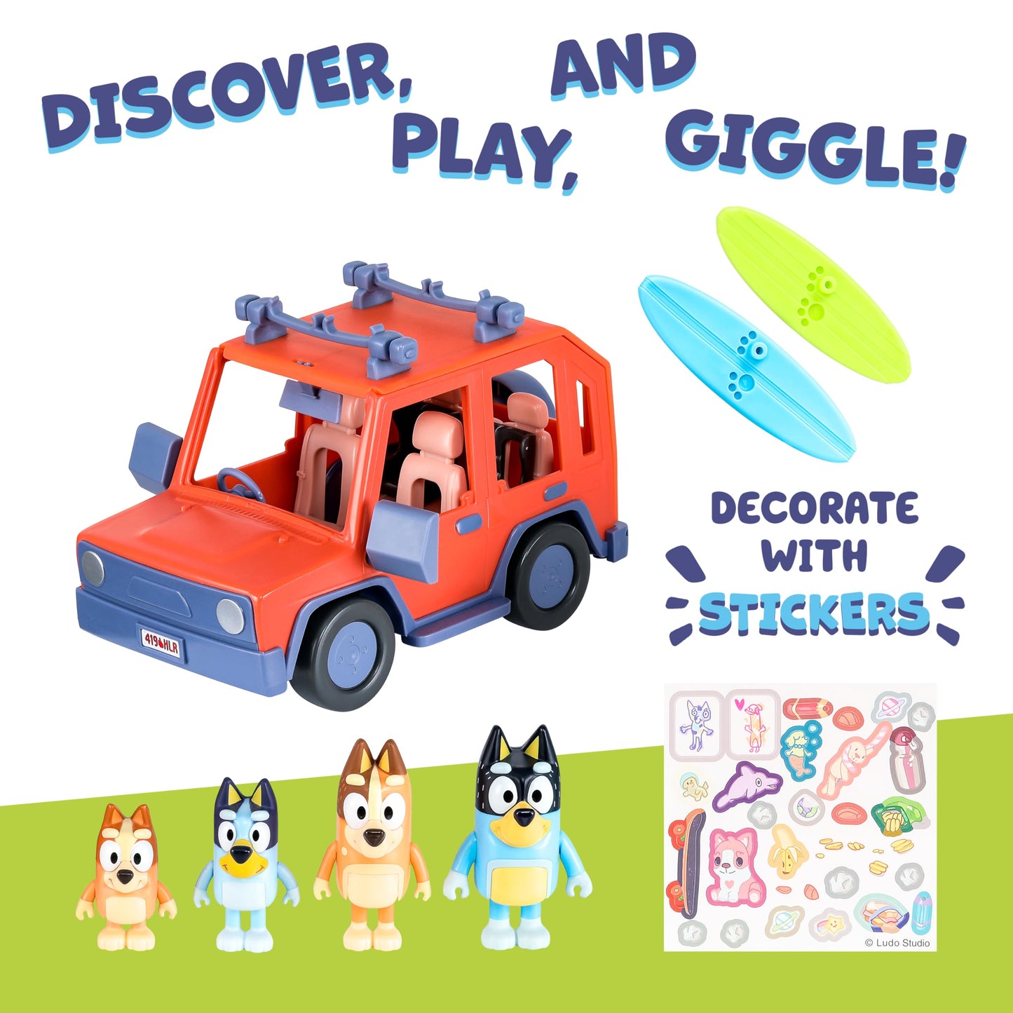 Bluey Heeler 4WD Family Toddler Toy Car with 4 Figures, Surfboards and Sticker Sheet, Pretend Play, Bluey Toys for Kids Ages 3+, Amazon Exclusive
