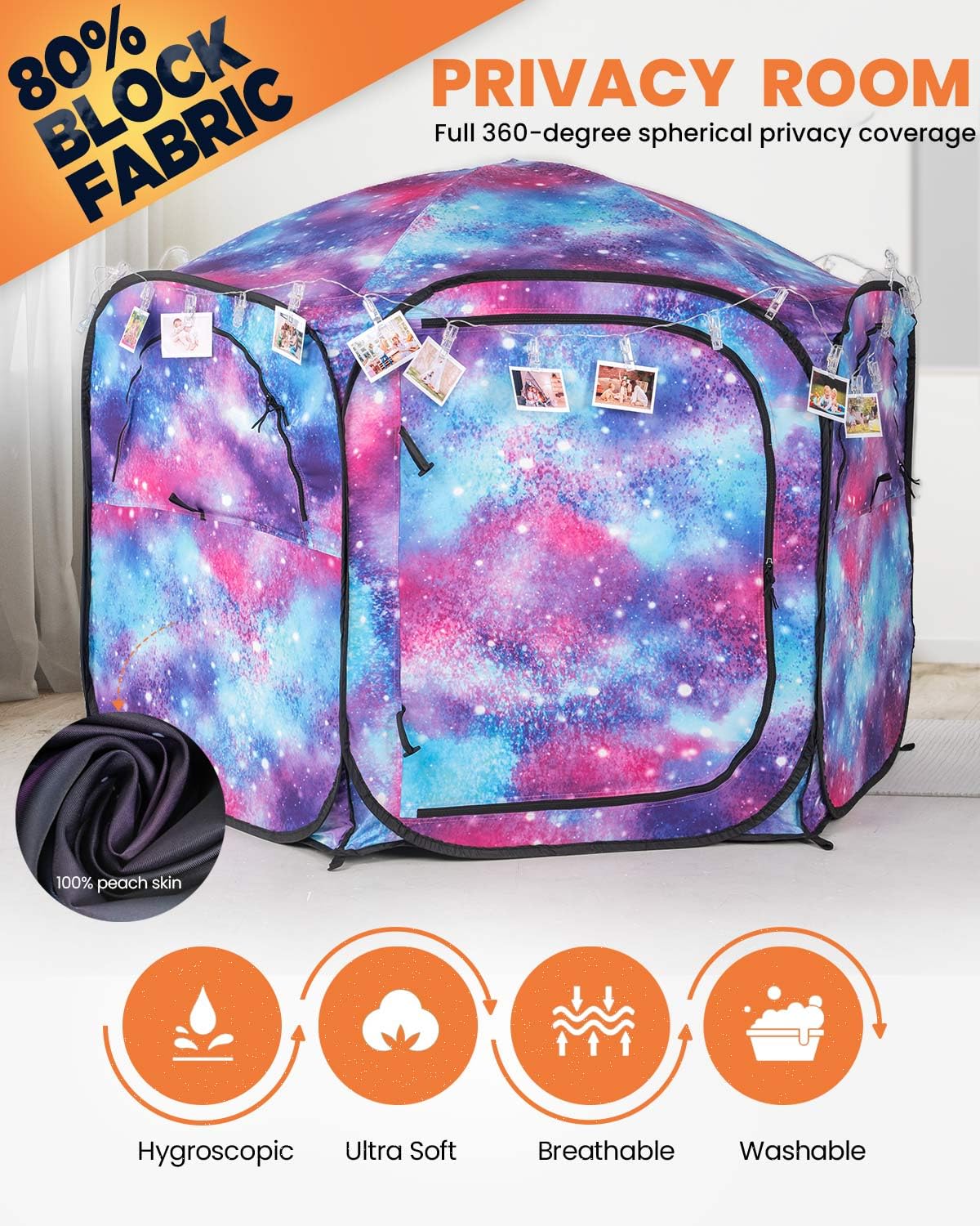 Porayhut Galaxy Pop Up Play Tent for Kids, 67" Hexagonal Privacy Sensory Tent with Removable Thick Mat & LED Photo Clip Lights, Light Blocking Indoor Outdoor Playhouse for Boys & Girls, Space Castle