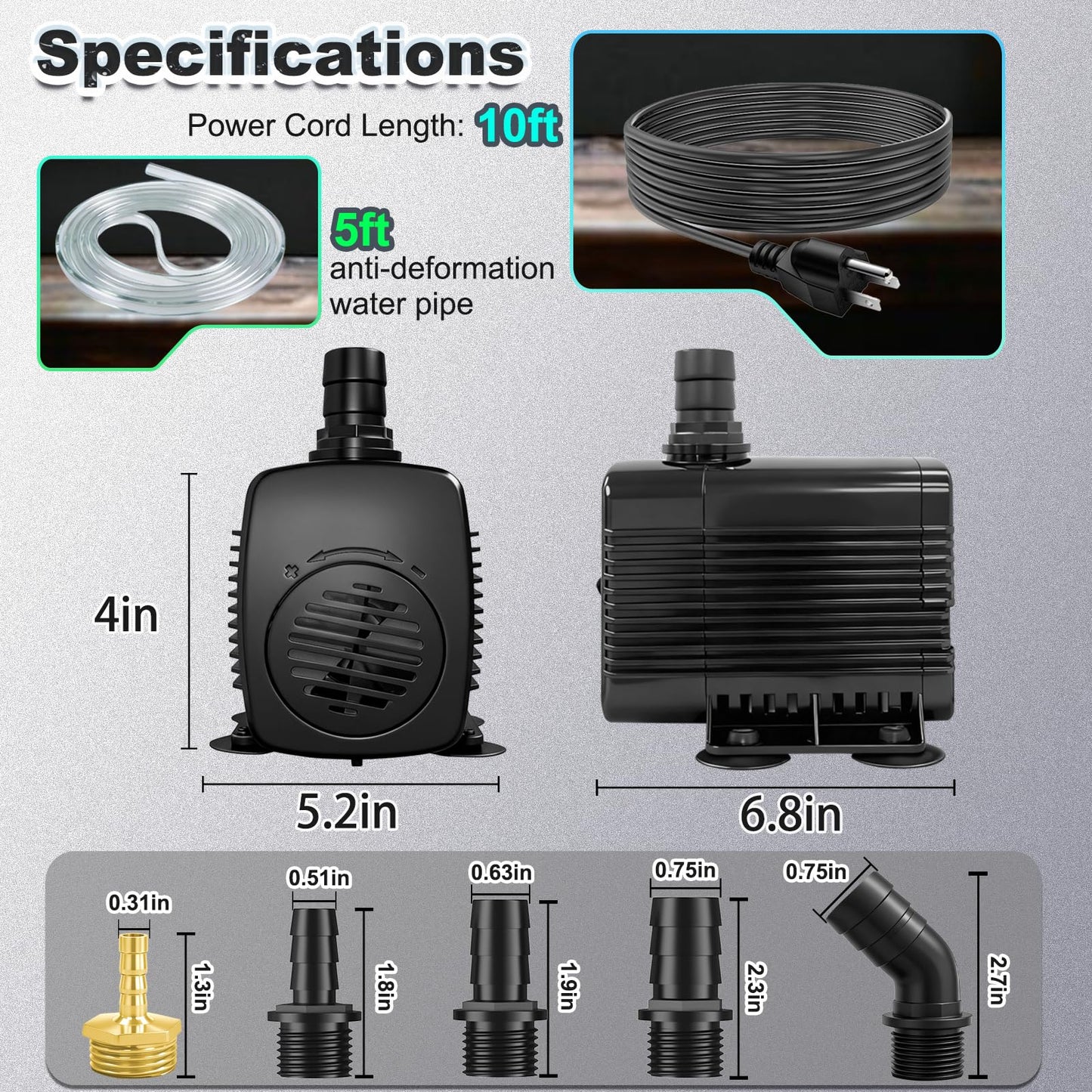 SongLong 45W 660GPH 10ft Cable Submersible Fountain Pump with Tubing | Overheat Protection | for Outdoor Garden, Pond & Hydroponic Installations