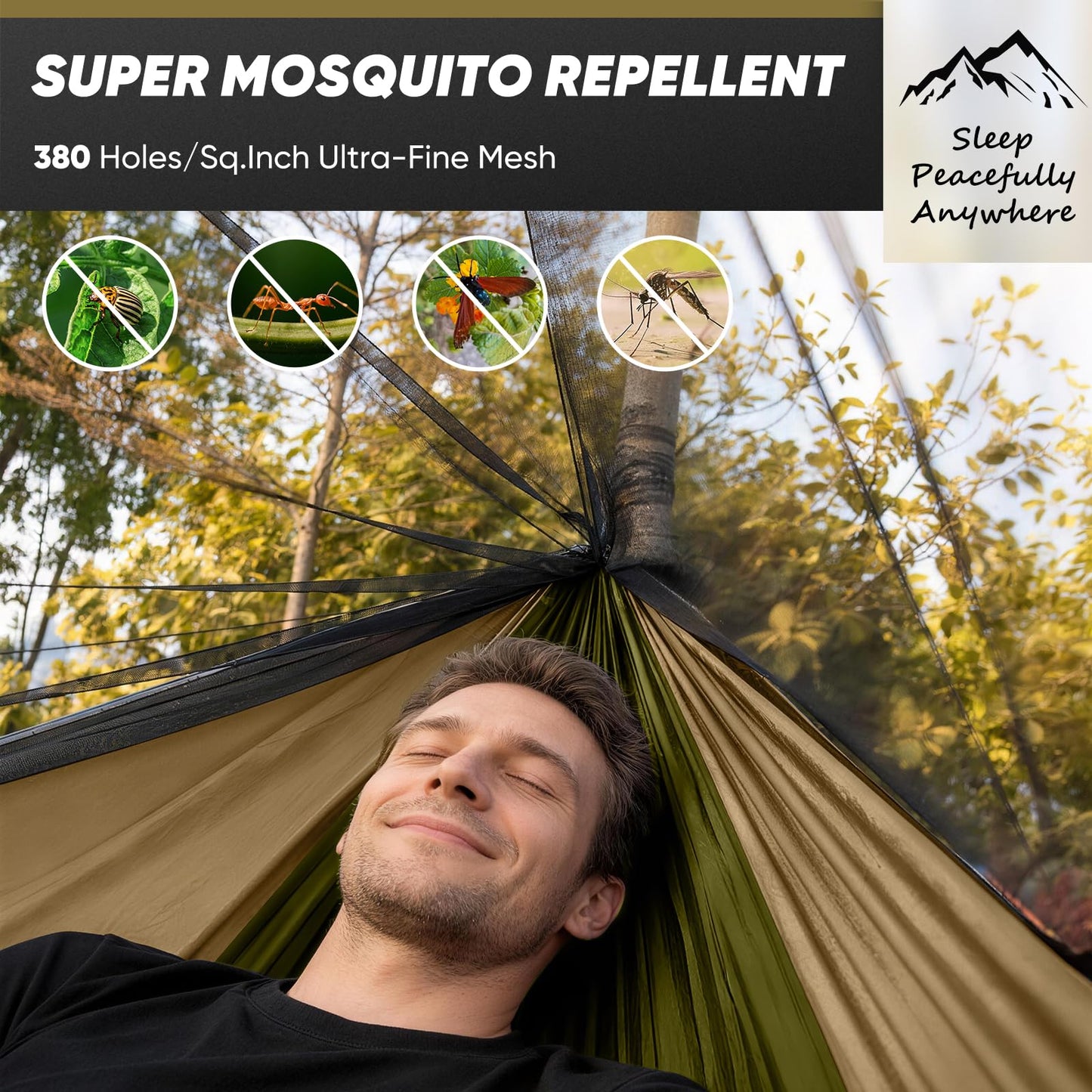 Camping Hammock with Mosquito Net, 600 lbs Portable Hammock with Tree Straps, 2-in-1 Double/Single Travel Hammock Tent for Outside/Indoor/Backpacking/Beach - Green & Khaki