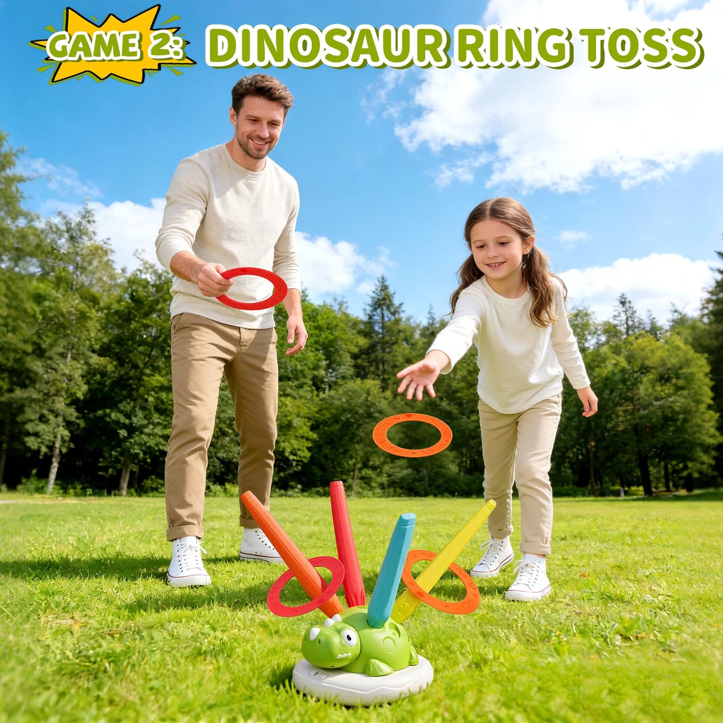 Purryegift 3 in 1 Dinosaur Rocket Launcher, Musical Spinning Jump Dinosaur Toy, Ring Toss Game & Stomp Rockets with Remote Control, Kids Indoor & Outdoor Energy Burning Toys for Boys Girls (1 Set)