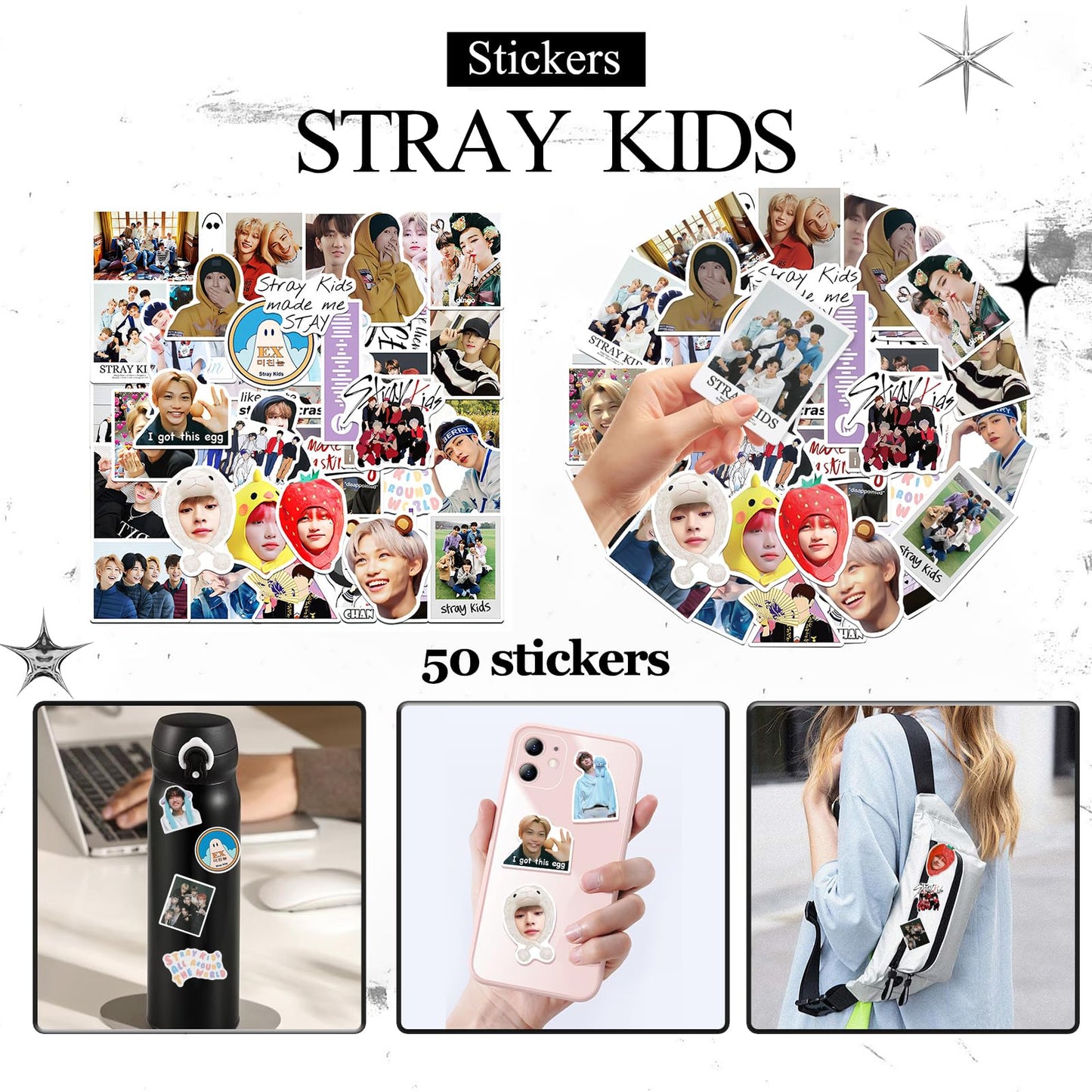 Japior Stray Kids Gifts Set,Including Drawstring Bag, 8 Cartoon Badges,50 Stickers,8 Photocards,3 Themed Bracelets, Necklace,Earrings, Keychain,Straykids Lanyards for Fans
