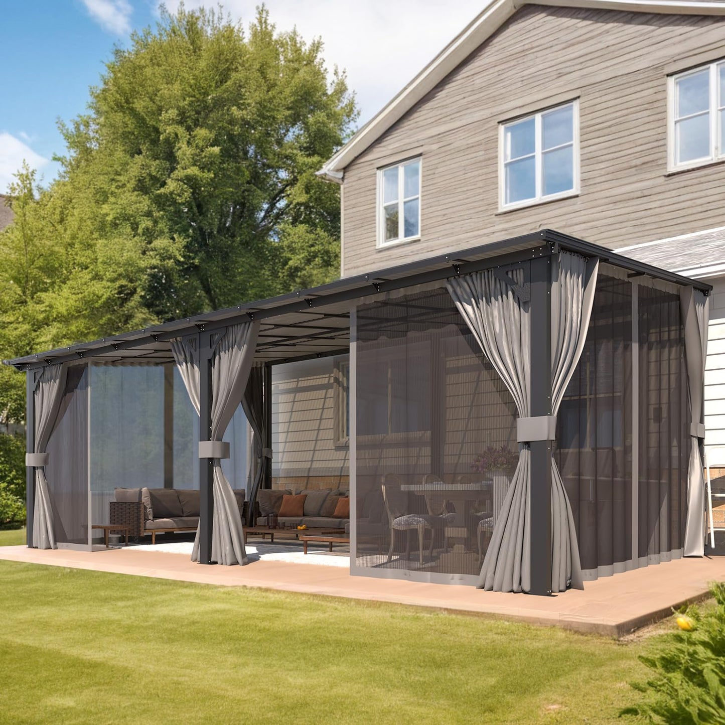 AECOJOY 20' X 12' Gazebo for Patio, Large Wall-Mounted Lean to Pergola Gazebo with Curtains and Netting, 12x20 Hard Top Pergolas and Gazebos on Clearance for Lawn Backyard Garden Deck