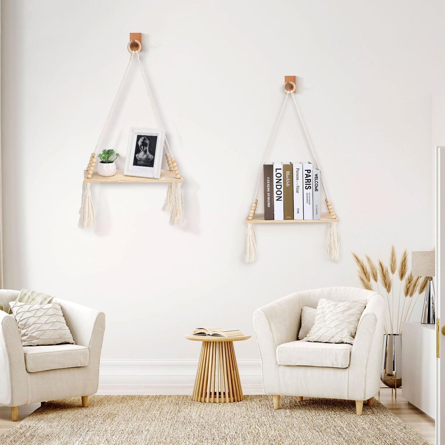 Chissen Bohe 2 Pack Wooden Wall Hanging Shelves, Macrame Plant Wall Shelf with Tassel, Storage Floating Shelves for Books Photos,Wall Shelves for Living Room,Bedroom, Handmade Stand Holder Home Decor