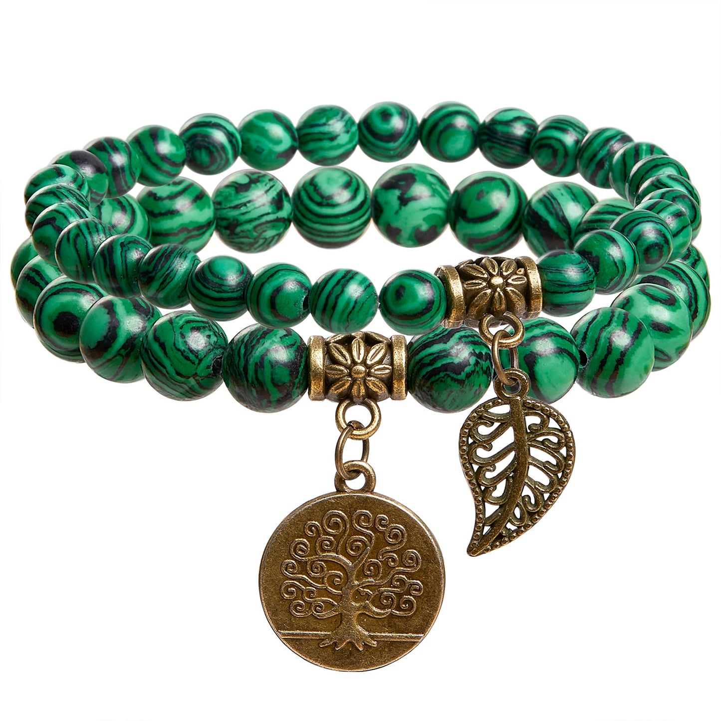 Bivei Natural Semi-Precious Gemstone Malachite Beaded Bracelets - Life Tree and Leaf Charm Crystal Beads Stretch Bracelet for Women Protect Negative Energy