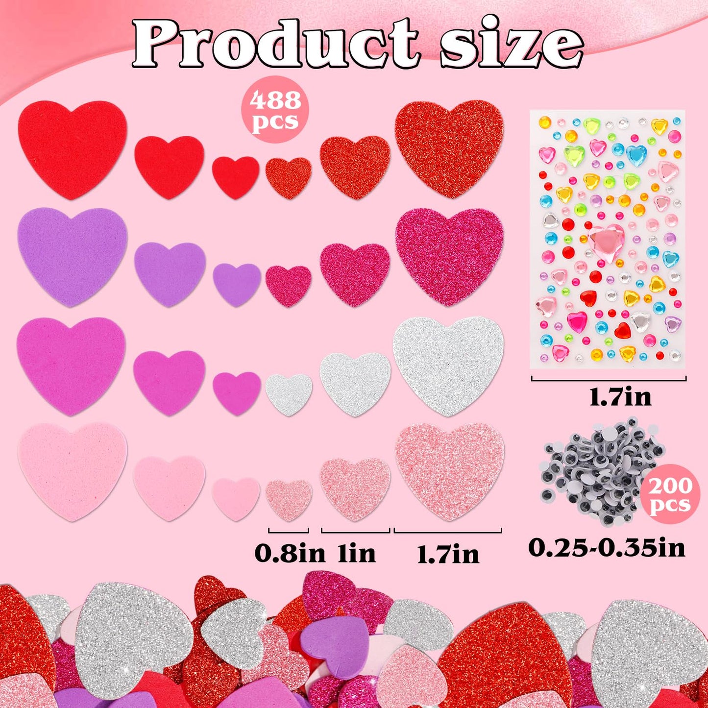 Japior 864 Pcs Valentines Foam Heart Stickers, Self Adhesive Glitter Heart Shaped Stickers with Gem Diomand and Googly Eyes for Valentine Craft Supplies