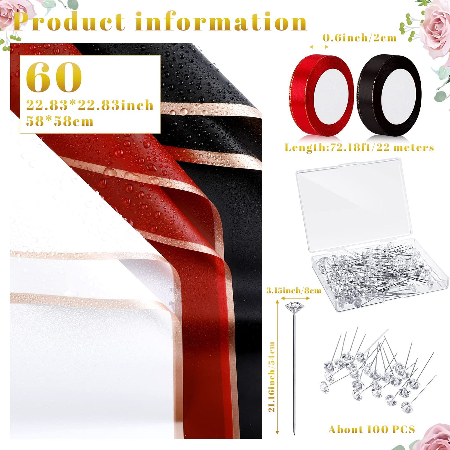 Outus 60 Sheets Flower Bouquet Wrapping Paper Mother's Day Waterproof Floral Wrapping Paper with 60 3D Butterfly 100 Flower Pins 2 Rolls Ribbon Florist Supplies for Wedding(Red, Black, White)