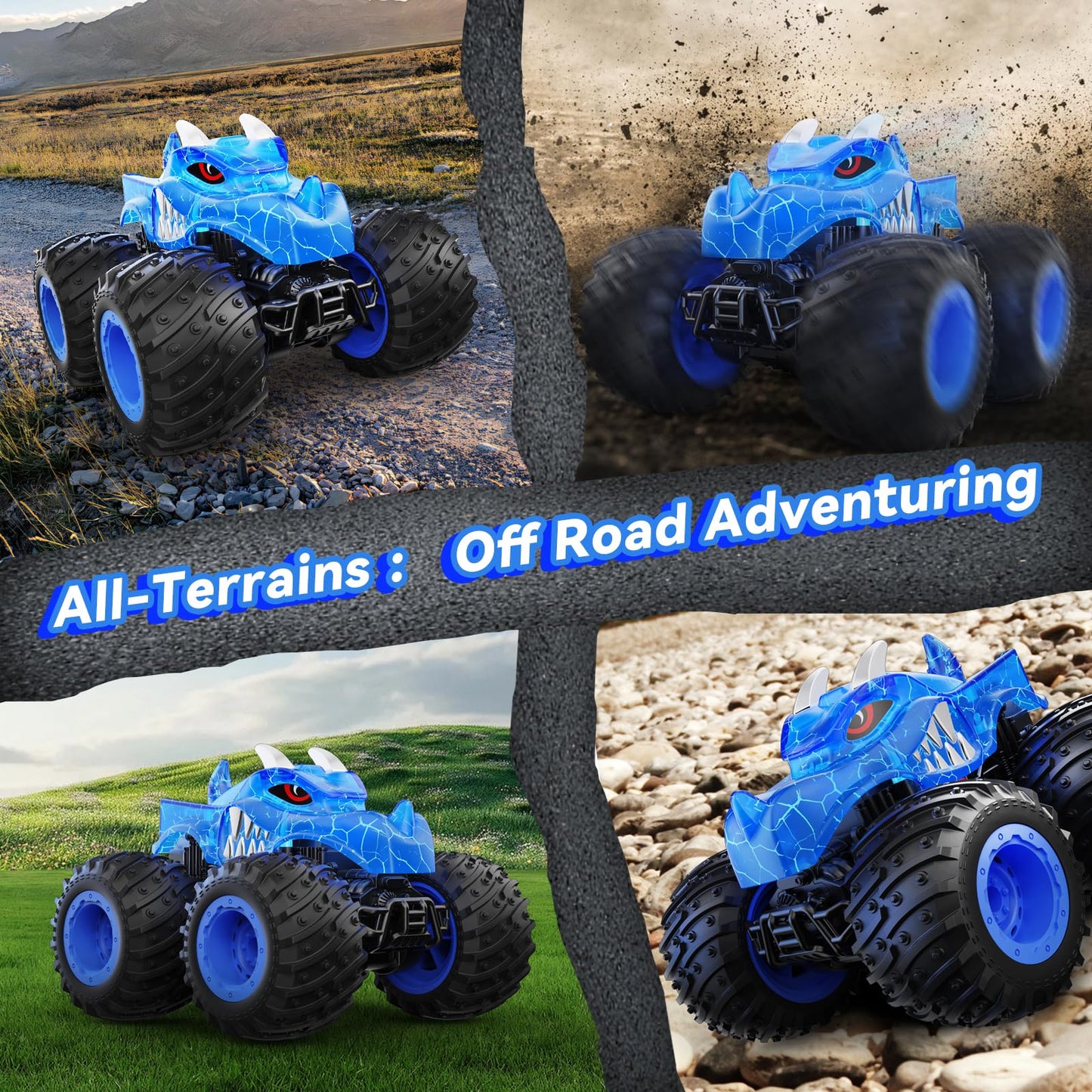 AUUGUU Remote Control Car, 2.4GHz Monster Trucks Toys with Light Spray, Birthday Gift for Kids 3 4 5 6 7 8, All Terrain RC Cars, Toddler Toys for Boys Girls 3+ Year Old