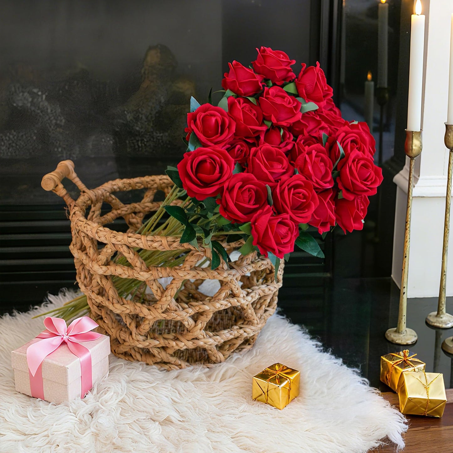 HyeFlora 50 PCS Red Roses Artificial Flowers, Fake Roses with Stems Realistic Silk Roses for DIY Wedding Bouquets Tables Centerpieces Arrangements Party Baby Shower Birthday Home Decor Gift for Her