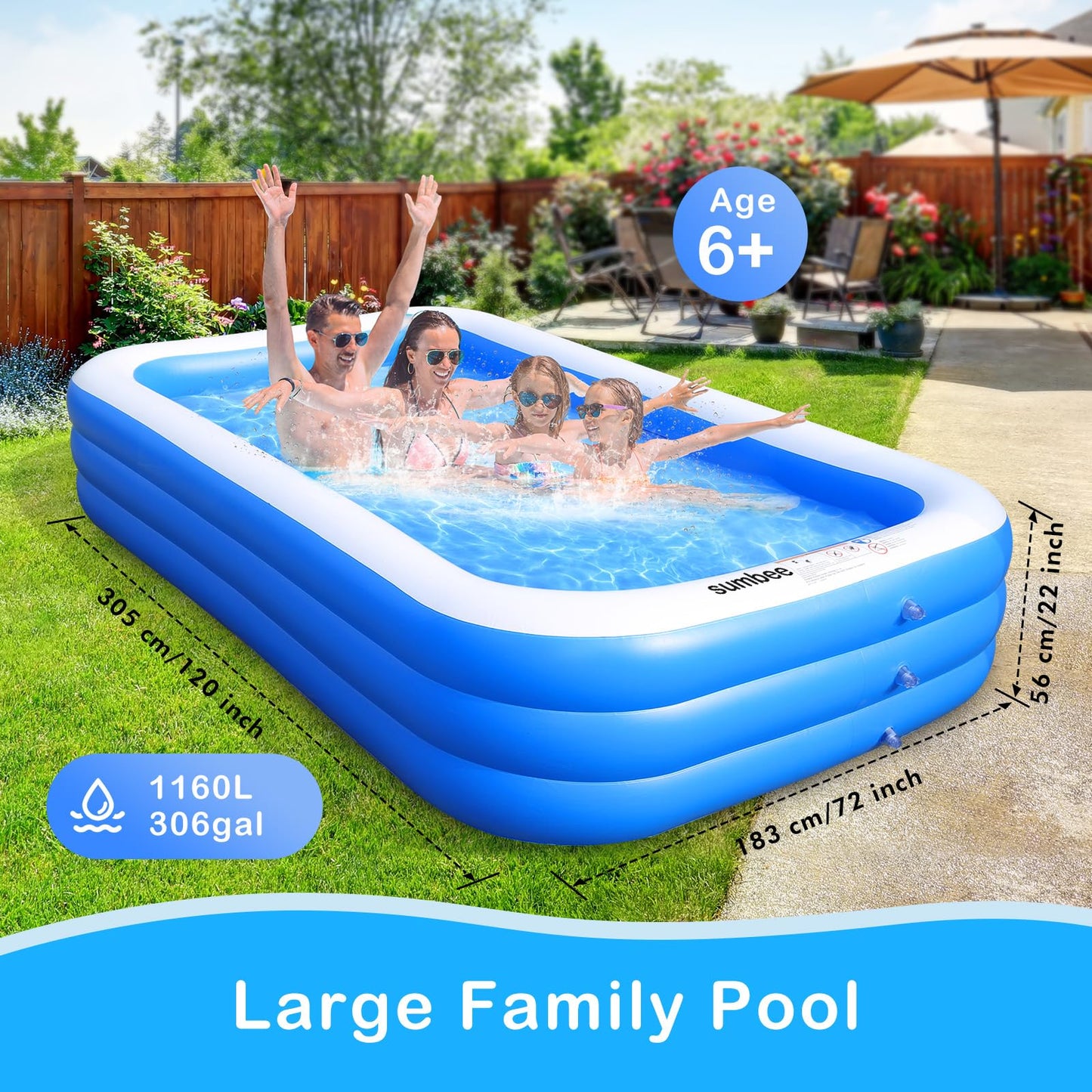 Sumbee Inflatable Swimming Pool for Kiddie Adults Kids, 120" X 72" X 22" Large Blow Up Pool for Family Backyard Outdoor Toddler,Big Rectangle Pools for Children Ages 4-8-12,Full-Sized,Blue