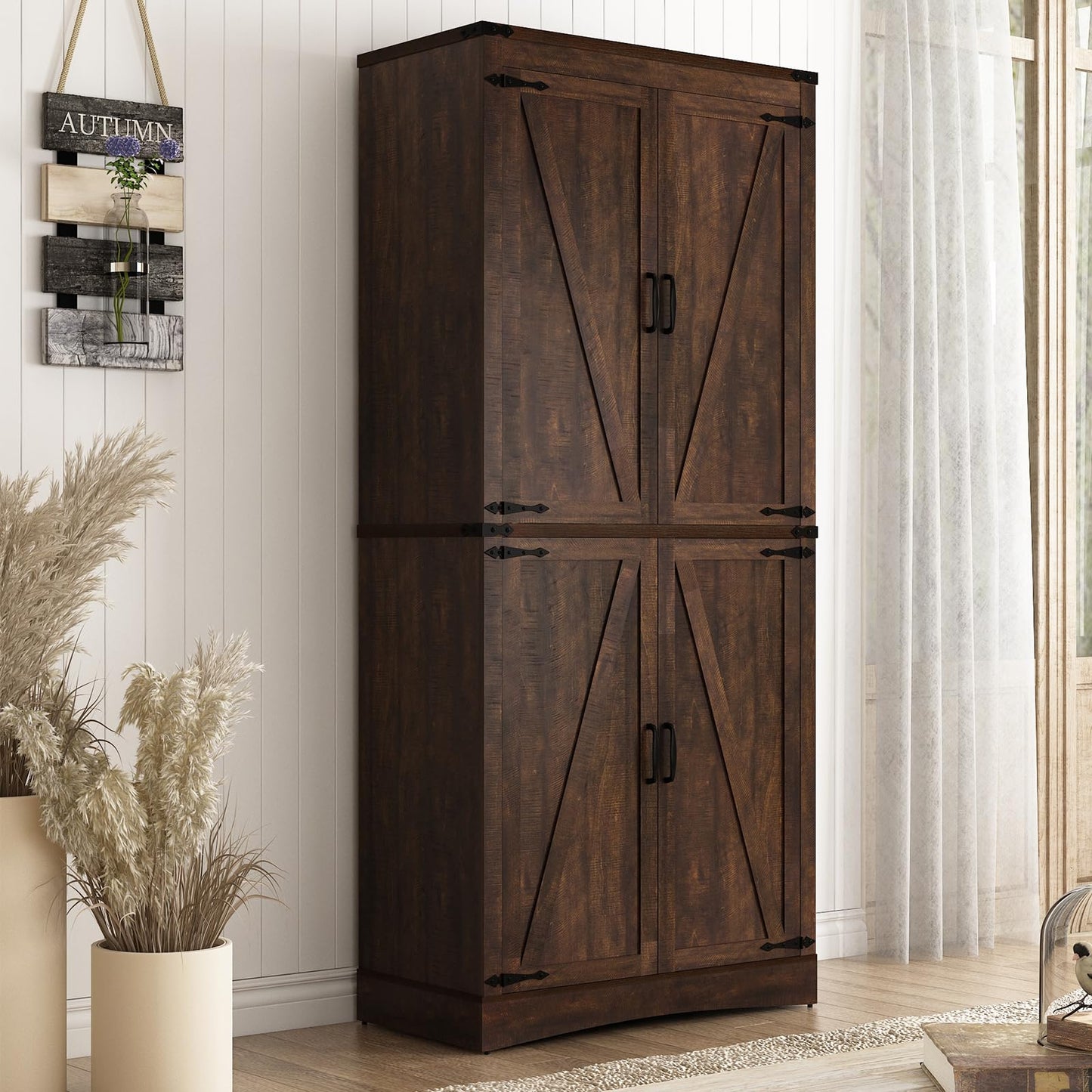 Hlivelood 71" Tall Kitchen Pantry,Farmhouse Storage Cabinet with Adjustable Shelves,Load-Bearing Steel Pipe,Farmhouse Pantry Cabinet with 4 Barn Doors, for Kitchen,Dining Room,Living Room(Brown)