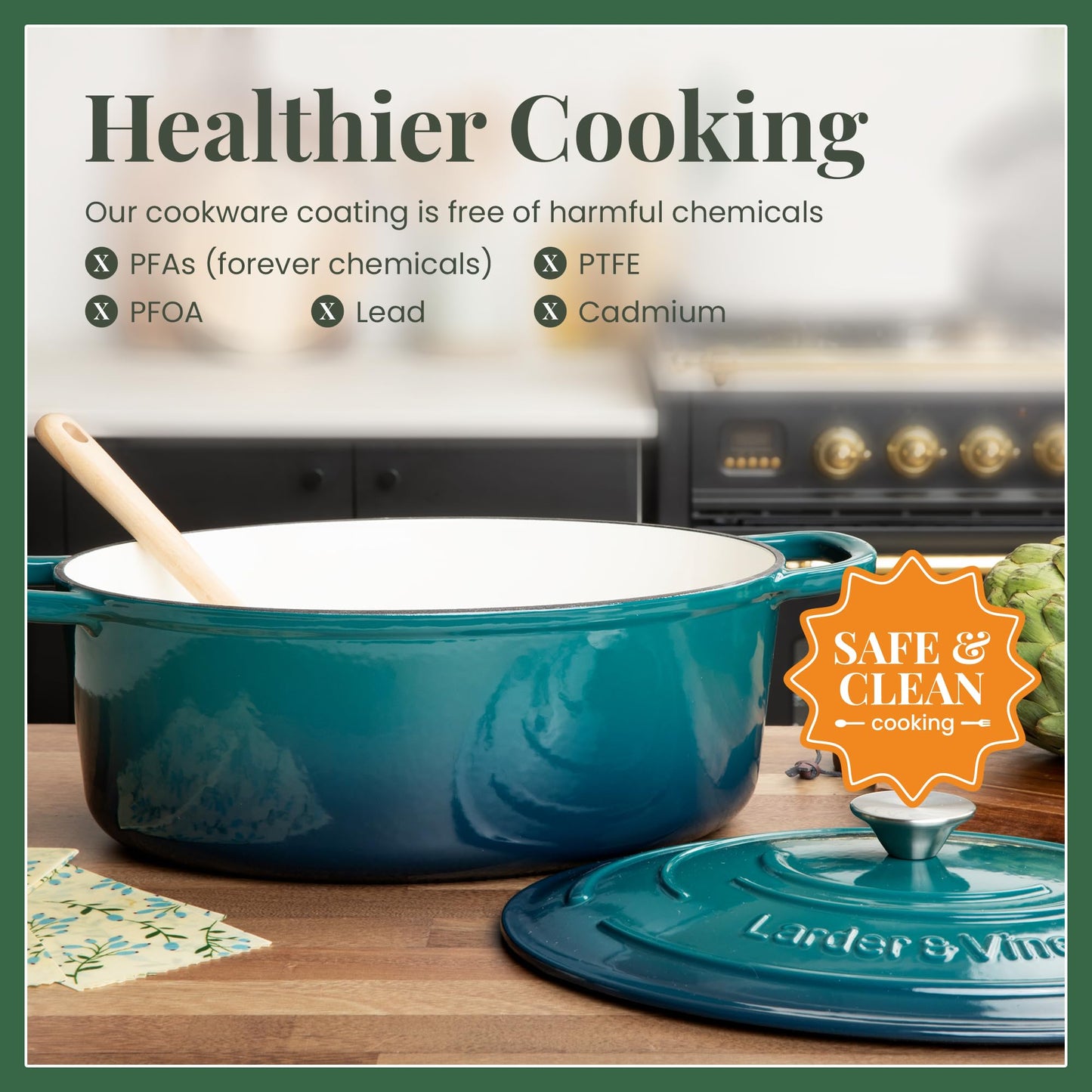 Larder & Vine Enameled Cast Iron 8 qt Dutch Oven Pot with Lid | Bread Baking | Compatible on All Cooktops & Oven Safe to 500° F | Great for Sourdough Bread | Bondi