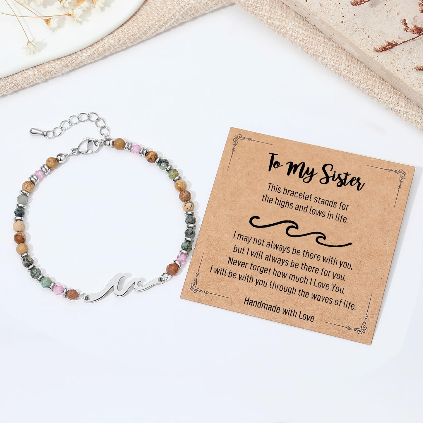 TONY & SANDY Sister Gifts, Graduation Her Mothers Day Gifts for Sister, Wave Bracelet for Women, Sisters Birthday Christmas Easter Unique Gift for Big Little Adult Soul Sisters Jewelry