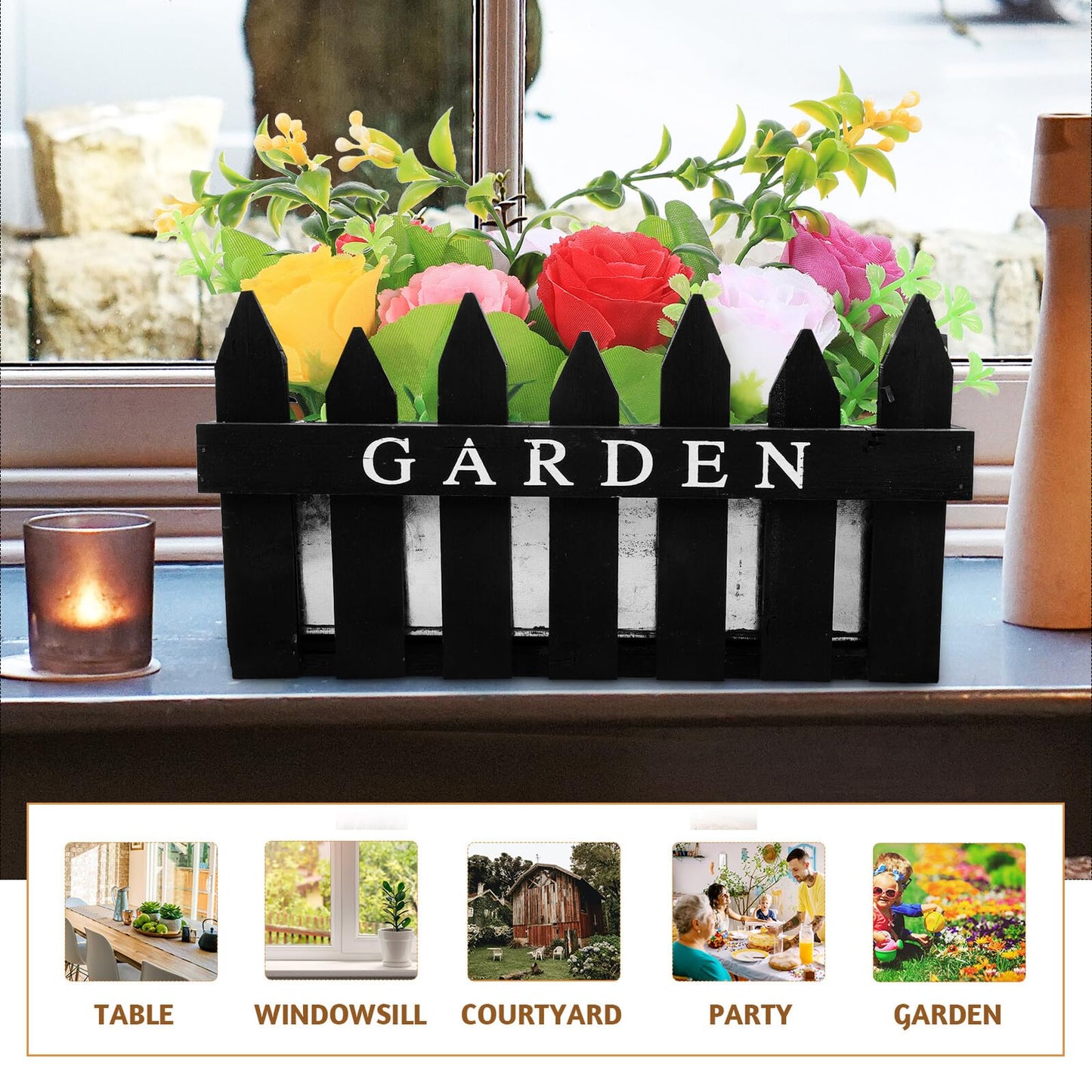 Hemoton Rectangular Wooden Planter Box Flower Arrangement Container Creative Fence Flowerpot for Indoor Outdoor Home Decor Black Patio Garden