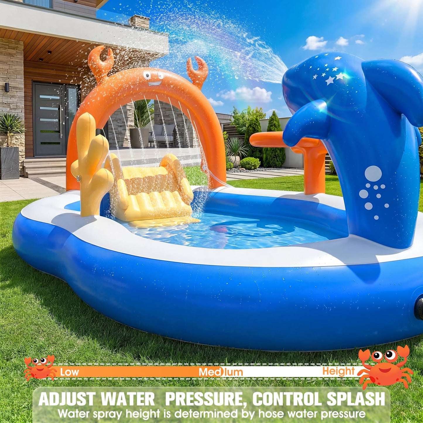 LuxPool 2026 Large Inflatable Play Center,Toddler Pool with Water Slide&Sprinkler,110"x70"x50"Inflatable Kiddie Pool with Slide,Backyard Kids Water Slide,Blow-Up Splash Pad for Toddlers