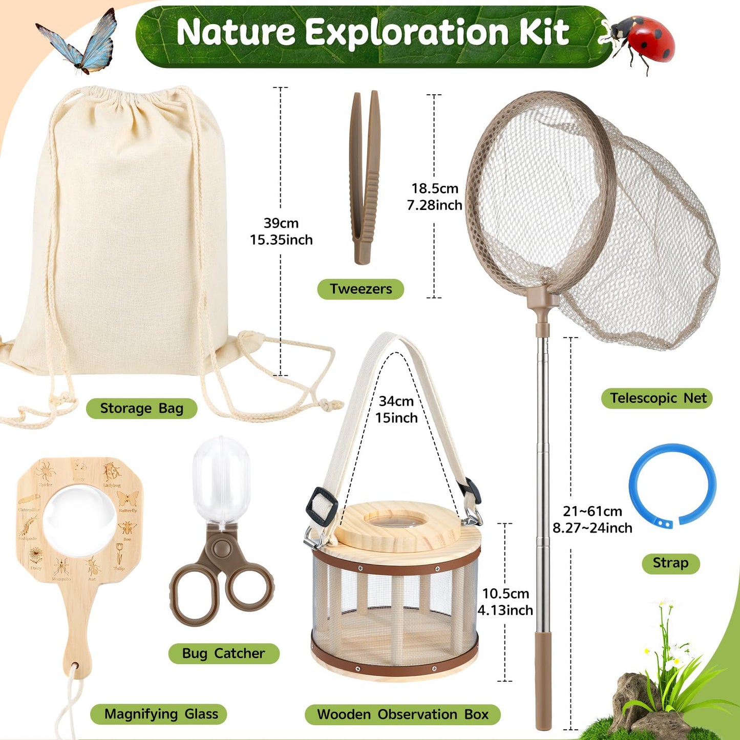 GAGAKU Kids Bug Catching Kit with Backpack - 8 in 1 Outdoor Explorer Set with Net, Wooden Box & Magnifying Glass, STEM Science Educational Toys Gifts for Boys Girls Ages 4-12