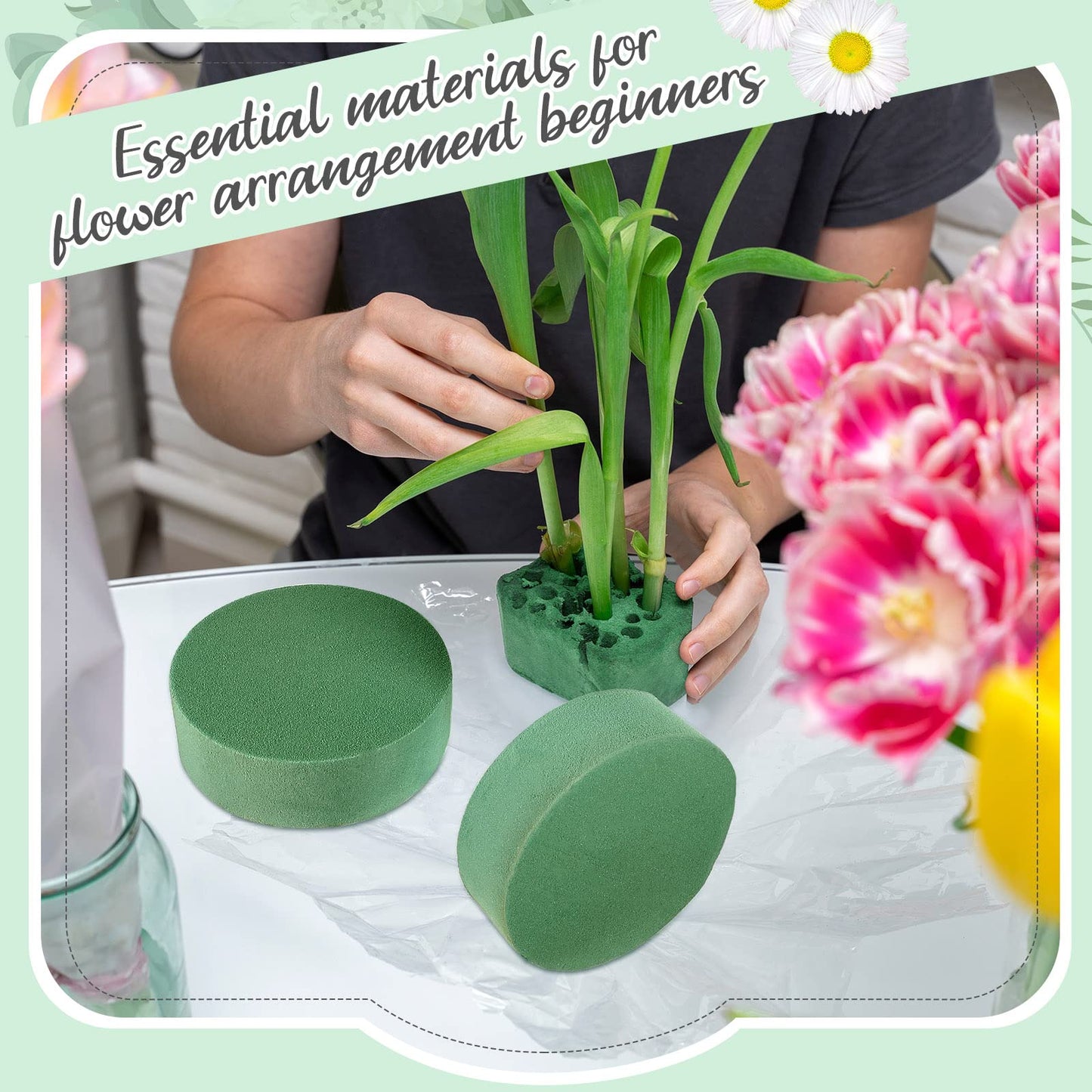 Lounsweer 24 Pcs Floral Foam Blocks 4.72 x 1.57 Florist Floral Round Foam Blocks Dry and Wet Green Foam for Flower Arrangement Fresh and Artificial Flowers Wedding Party Decoration Supplies