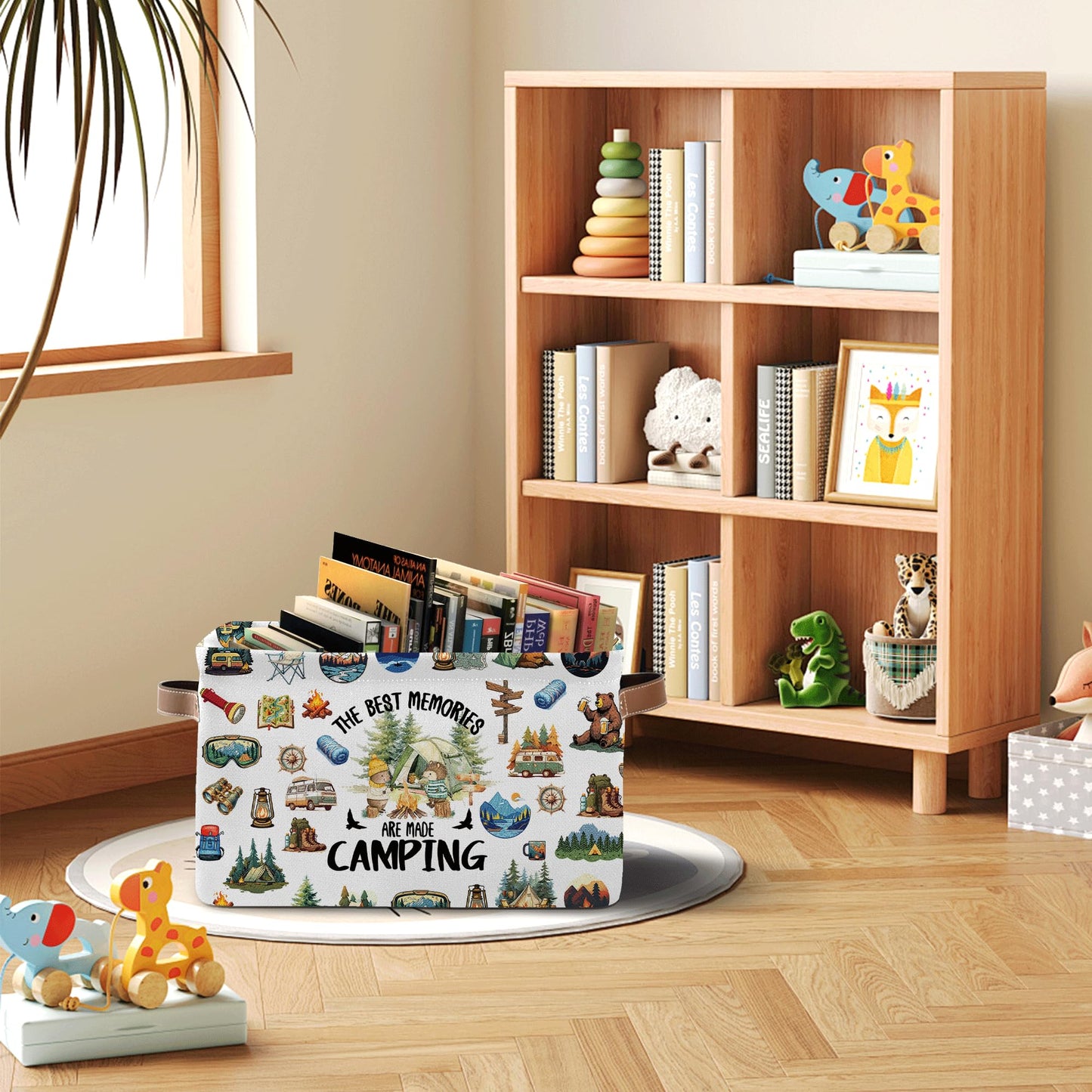 JOPJOLIW Camping Rectangle Storage Basket - Camping Themed Collapsible Storage Baskets with Handles - Camp out in the Wild Storages Bin for Kids Clothes, Gifts, Books, Toys