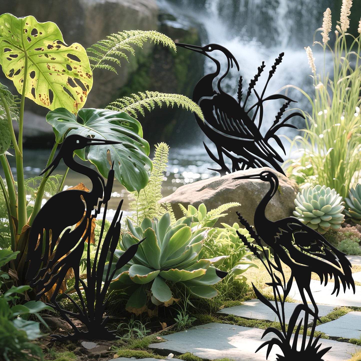 YATEASLU Cranes for Garden,Exquisite Metal Yard Decor Trio: Lifelike Heron Statues Outdoor for Patio & Lawn, Premium Metal Yard Art Gift Set