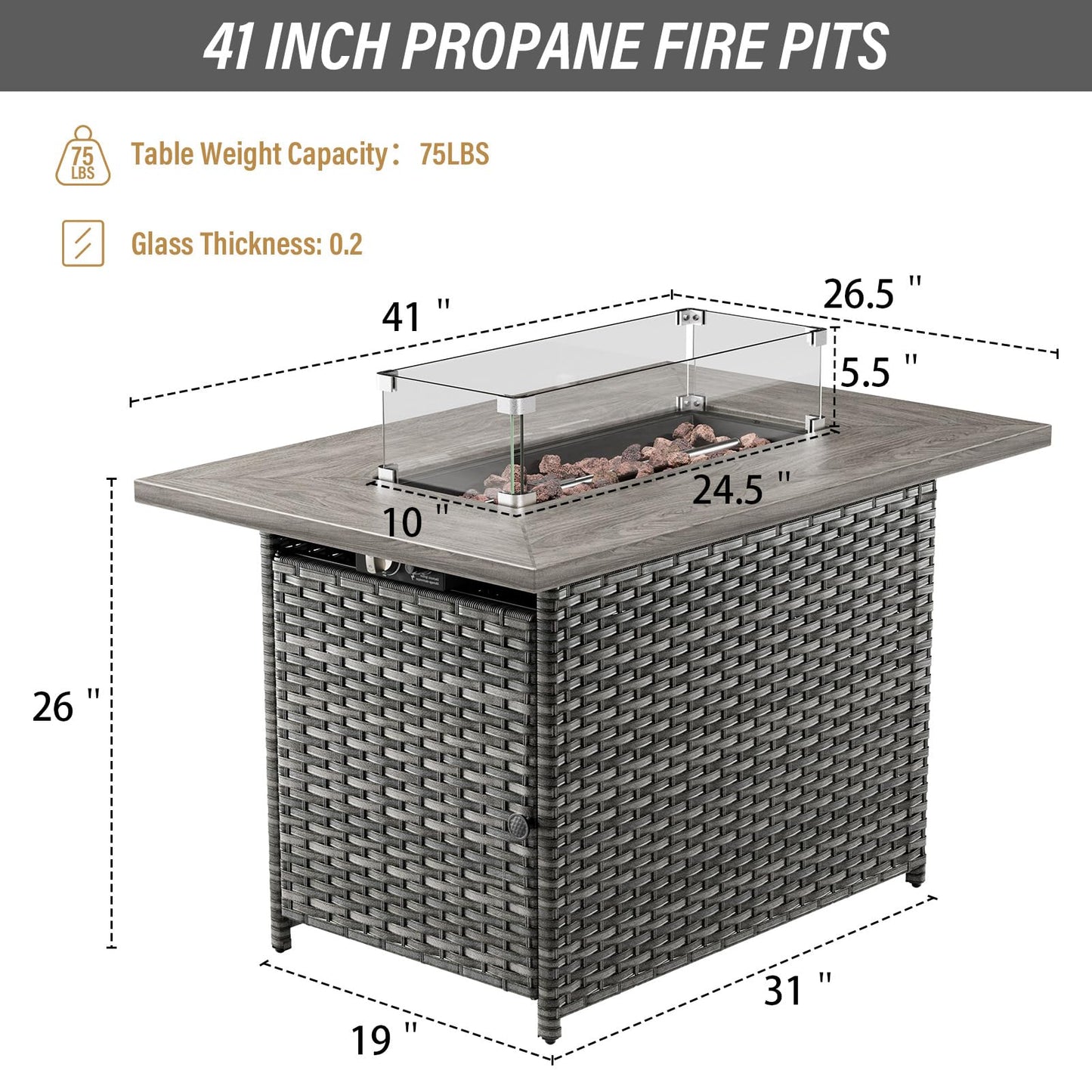 Belord 50000 BTU Propane Fire Pit Table with Lid and Lava Rock, 41 inch Rectangular Outdoor Firepit Wicker Furniture, Fireplace Table Perfect for Relaxed Outside Patio Backyard Ambiance, Gray