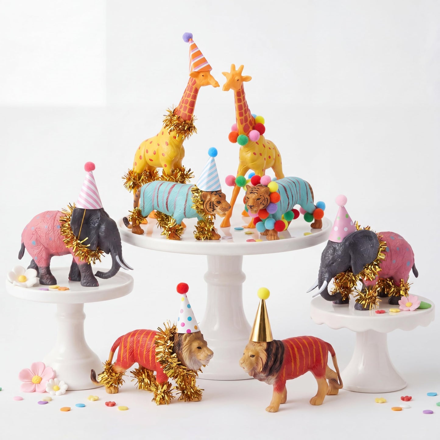 Novabright 23 Pcs Safari Animal Cake Toppers Animal Party Birthday Decorations with Mini Birthday Hats and Long Stain Rolls Jungle Cake Decorations for Wild Zoo Theme Party (Classic)