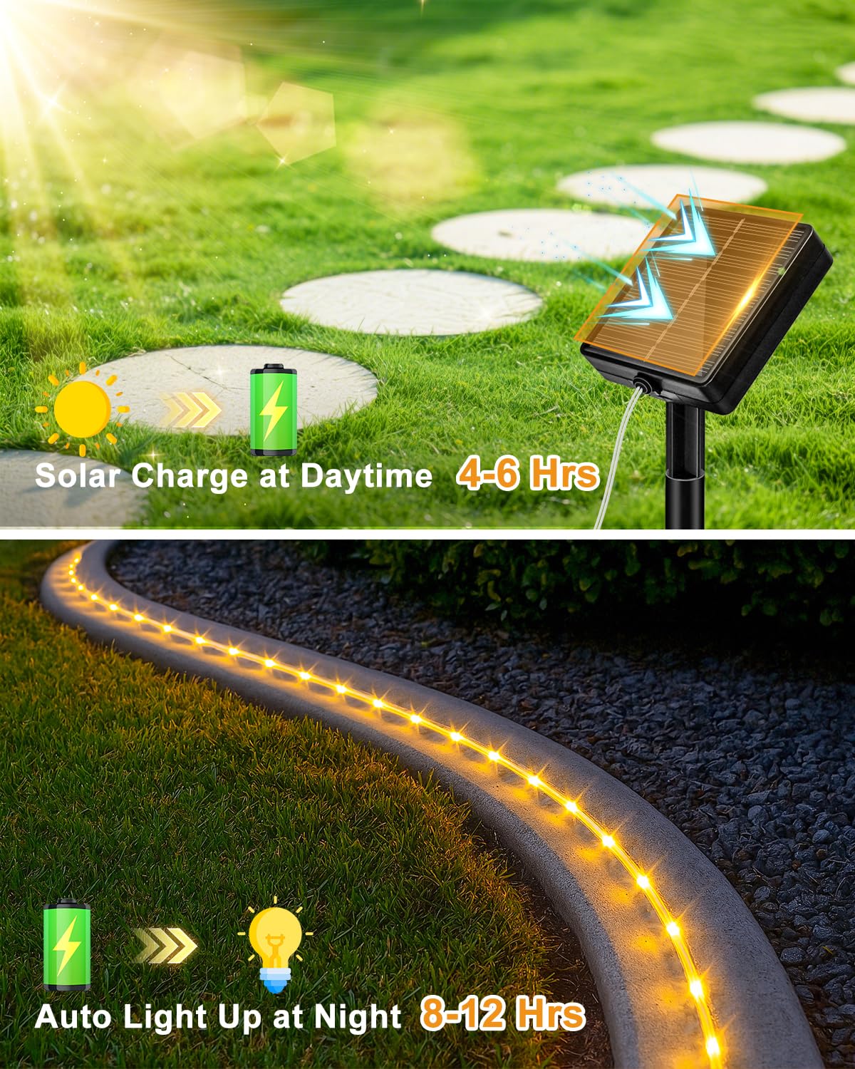 btfarm Solar Rope Lights, 120LED 46FT Solar String Lights Outdoor Waterproof, 8 Lighting Modes Solar Powered Strip Tube Light for Outside Garden Tree Christmas Yard Patio Wedding Decor, Warm White
