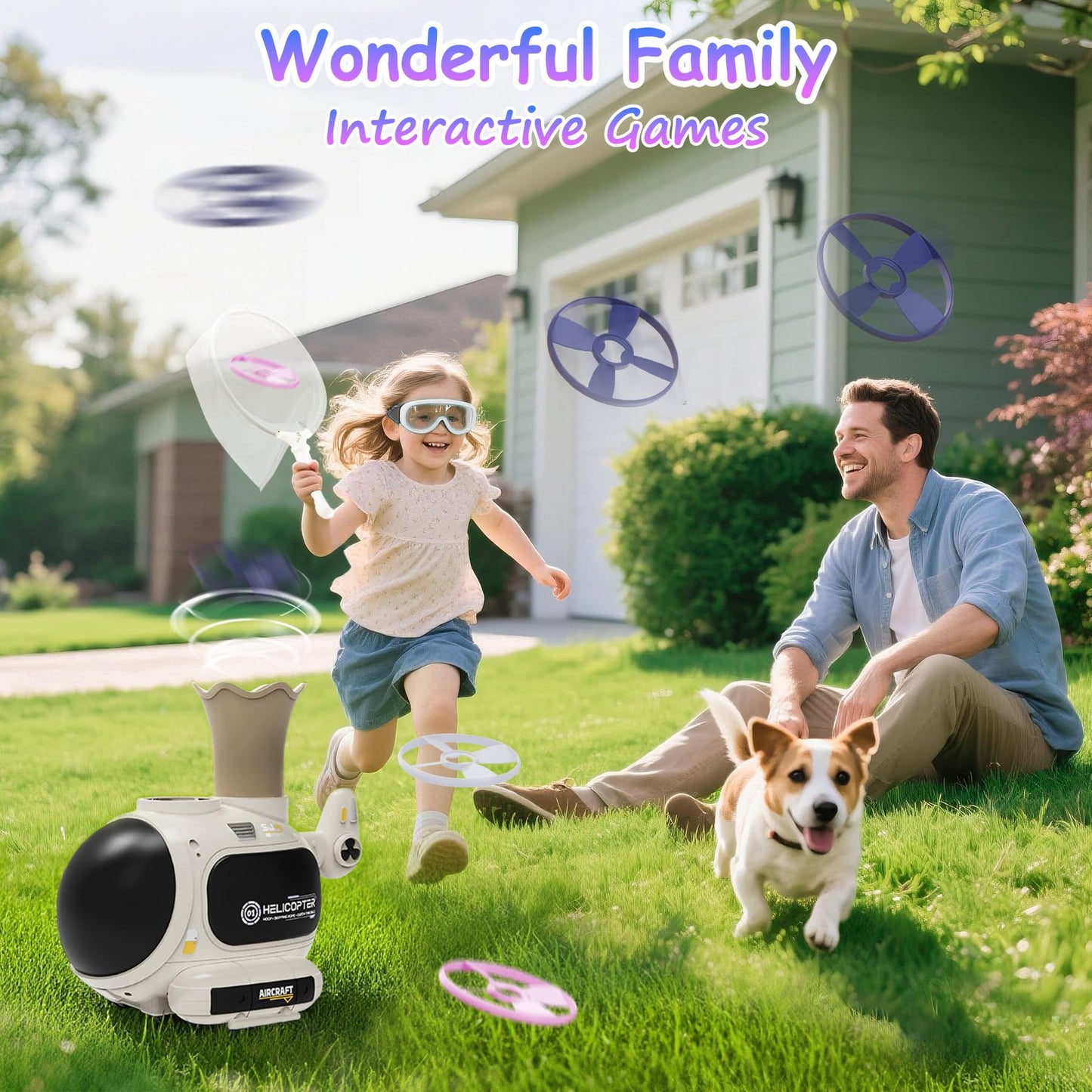 WhimsQuest Missfly 4-in-1 Kids Outdoor Game Toy, Auto Disc Launcher, Jump Dodge & Ring Toss, Interactive Sports Play for Boys & Girls (White)