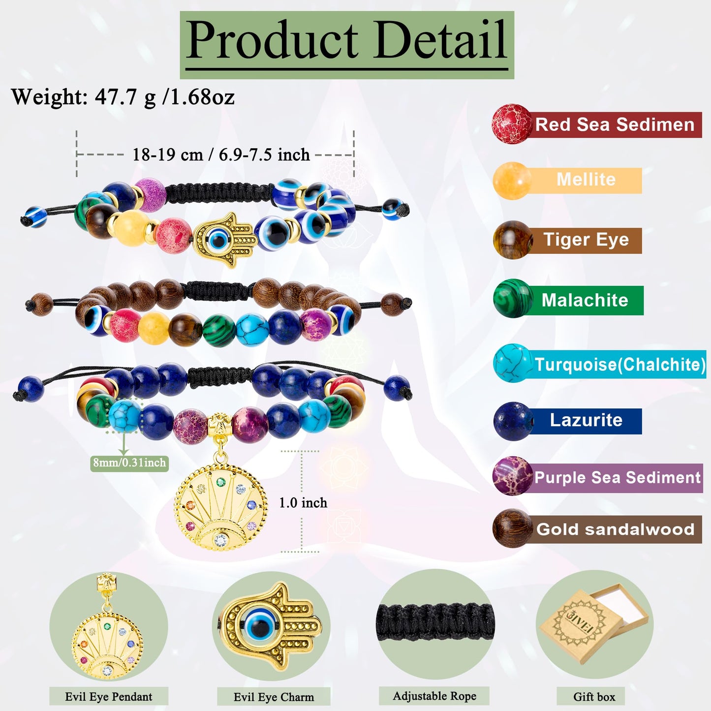 Bivei Evil Eye Bracelet Natural Semi Precious Gemstone Beads 7 Chakra Crystal Stone Beaded Adjustable Braided Bracelets for Women Men Yoga Meditation(Evil Eye)