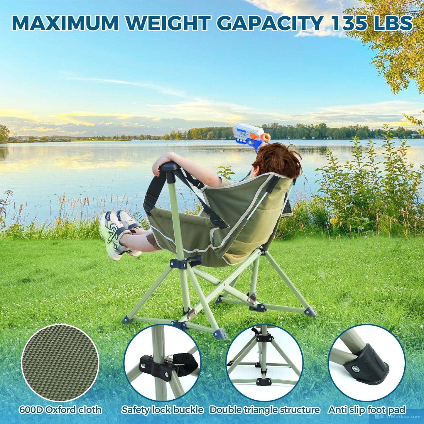 Chloraeon Kids Hammock Chair,Adjustable Kids Camping Chair,Folding Chair with Stand,Portable Hammock Chair for Camping, Travelling and Patio,Green,Supports 135 LBS