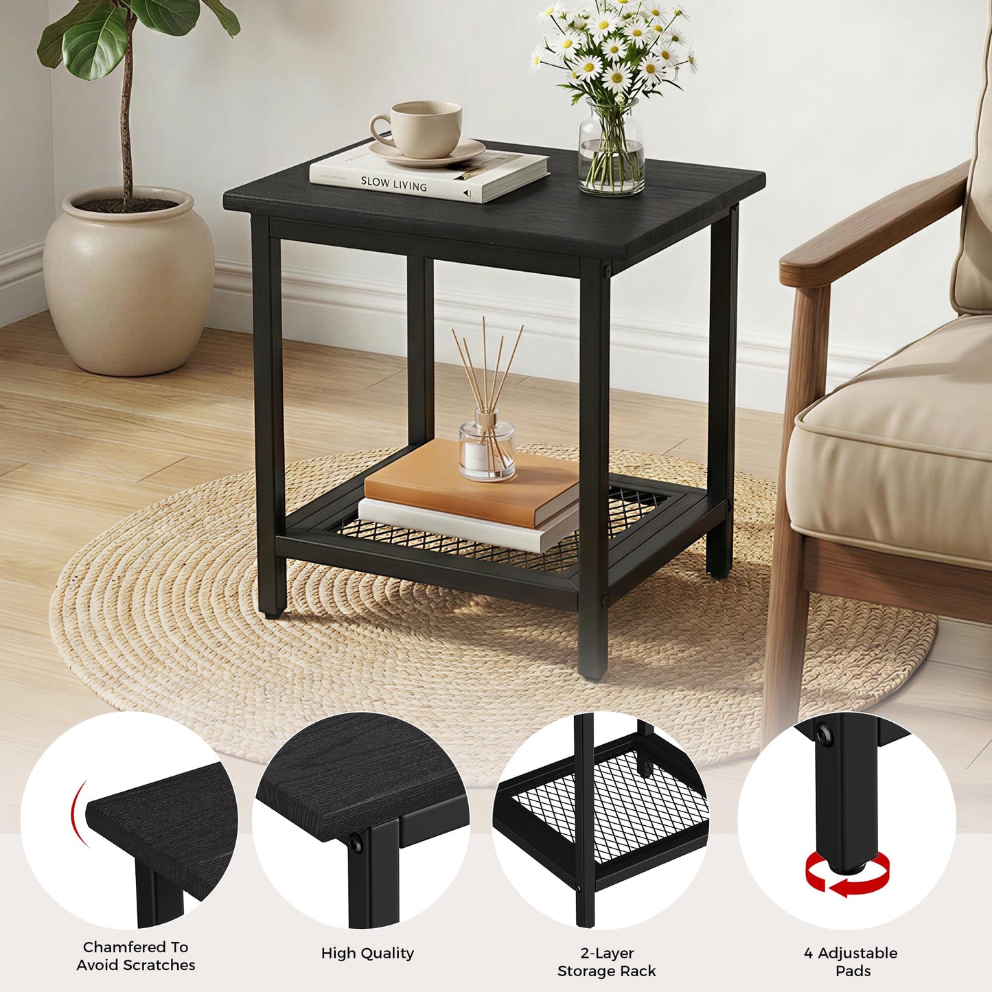 PyraLine 2-Tier Outdoor Side Table with Storage, Weather Resistant Patio End Table, HDPS Small Accent Table for Deck, Garden, Pool, Backyard, Black