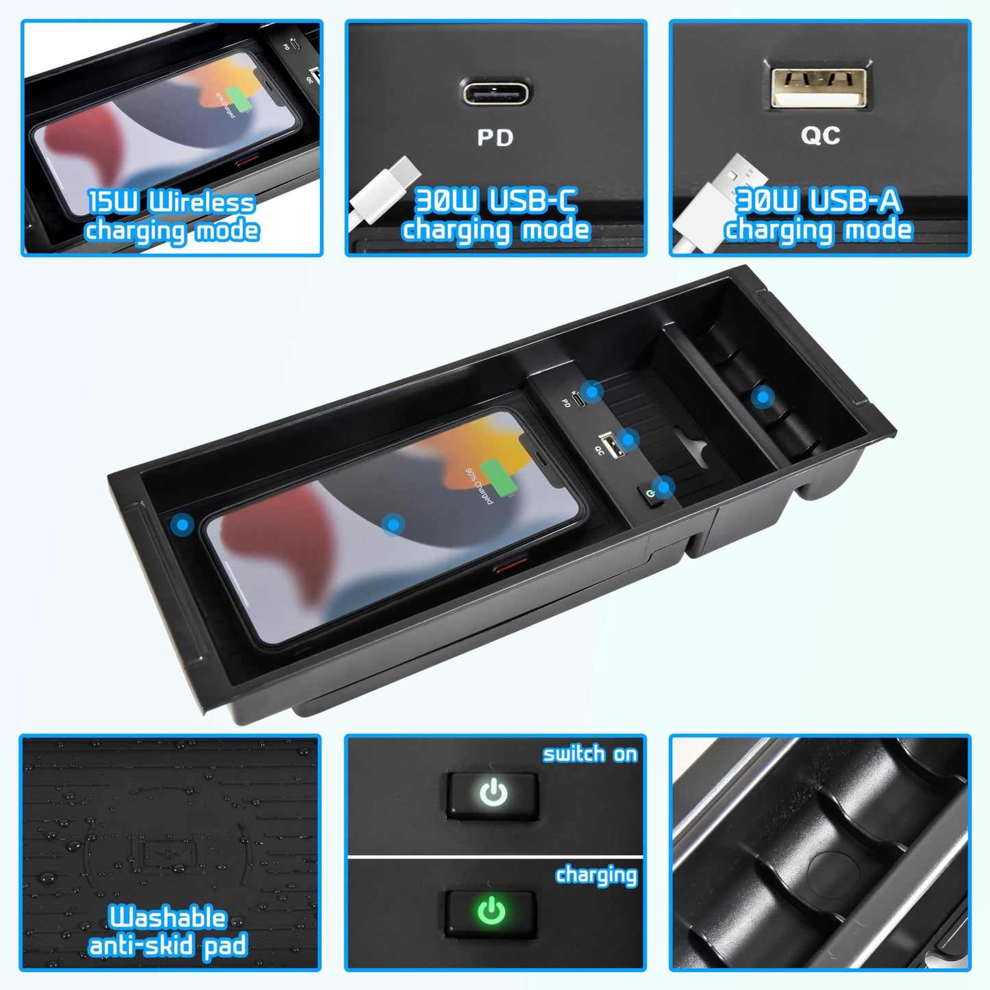 POKIAUTO Wireless Charger for F150 2009-2023, Center Console Organizer Box Fast Wireless Chargering with USB-A USB-C Port for Ford F150 2009-2021 2022 2023 Accessories