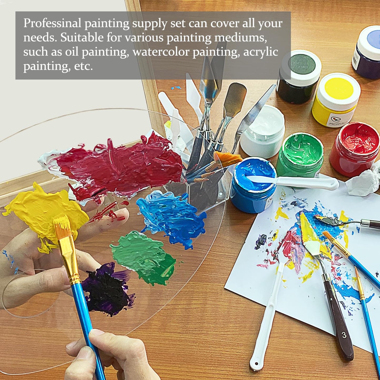 Acrylic Paint Set, Art Painting Supplies Kit with 10 Brushes, 5 Stainless Steel Palette Knife, 6 Plastic Spatula Palette Knives, Paint Palette tray, Acrylic Painting Supplies for Adults and Kids