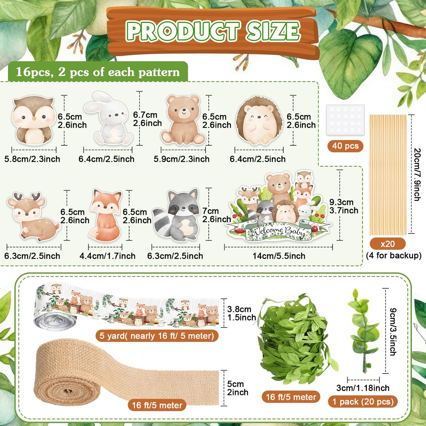 MotiMind Woodland Baby Shower Decorations DIY Diaper Cake Kit with Neutral Forest Animal Burlap Sage Green Leaf Ribbon Leaves Welcome Baby Gender Reveal Party Decor Mommy Gift(Card)