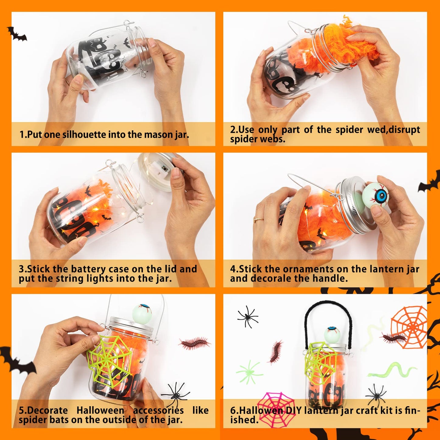 Shemira Halloween Craft Kit for Kids, 4 pcs Glass Mason Jar with Accessories for DIY Lantern Jar, Halloween Art & Craft Party Supplies, Art Activities