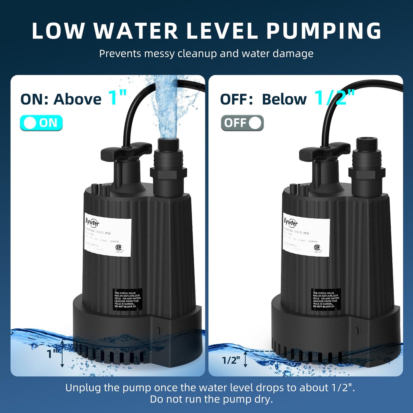 Bywter 1/6 HP Submersible Water Pump, 1500 GPH Sump Pump with Thermoplastic Housing, 115V Portable Electric Water Pump with 10 Ft Cord for Basement, Yard, Boats and Pool Covers