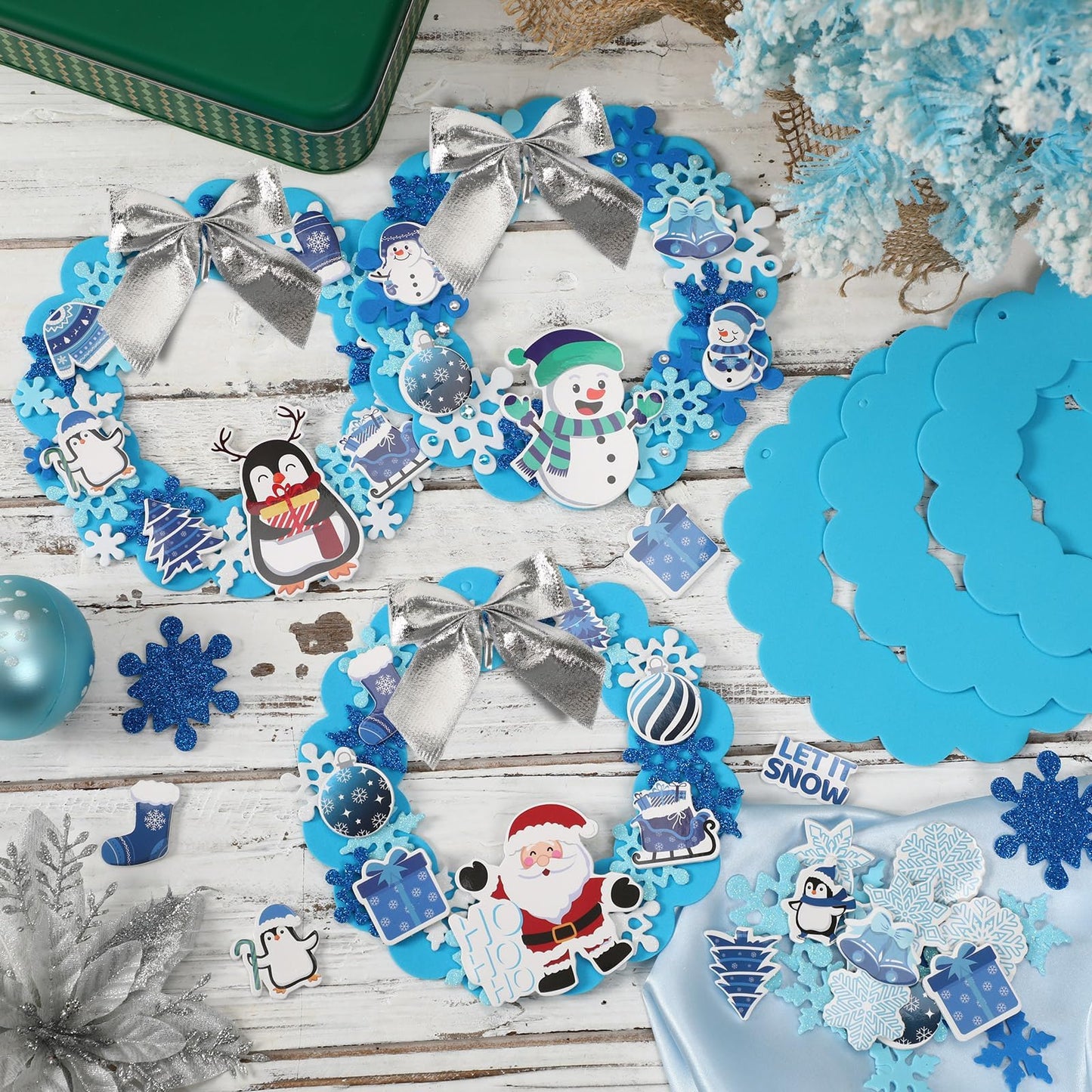 BOARDFEB 12 Sets Christmas Crafts Kits DIY Christmas Foam Wreath Crafts Winter Ornaments for Snowman Santa Penguin Snowflake Foam Stickers Xmas Holiday Home Classroom Activities Decoration