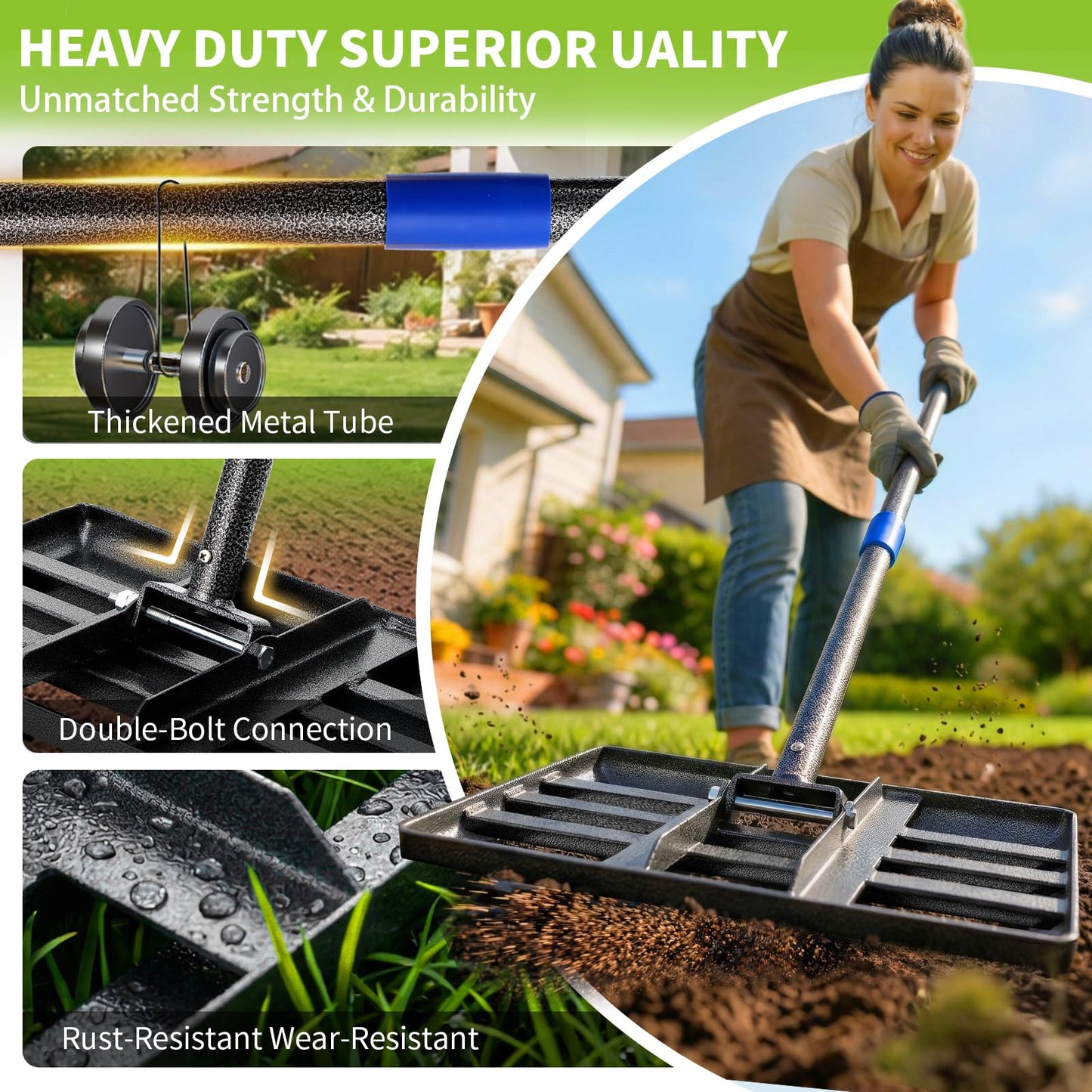 Lawn Leveling Rake, Heavy Duty Lawn Leveler with 17" x 10" Rakes Head Plate No Flipping, Smooth Garss Topsoil Dirt Sand, Metal Ground Leveling Tool with 5 ft Long Handle for Yard Garden Golf Course