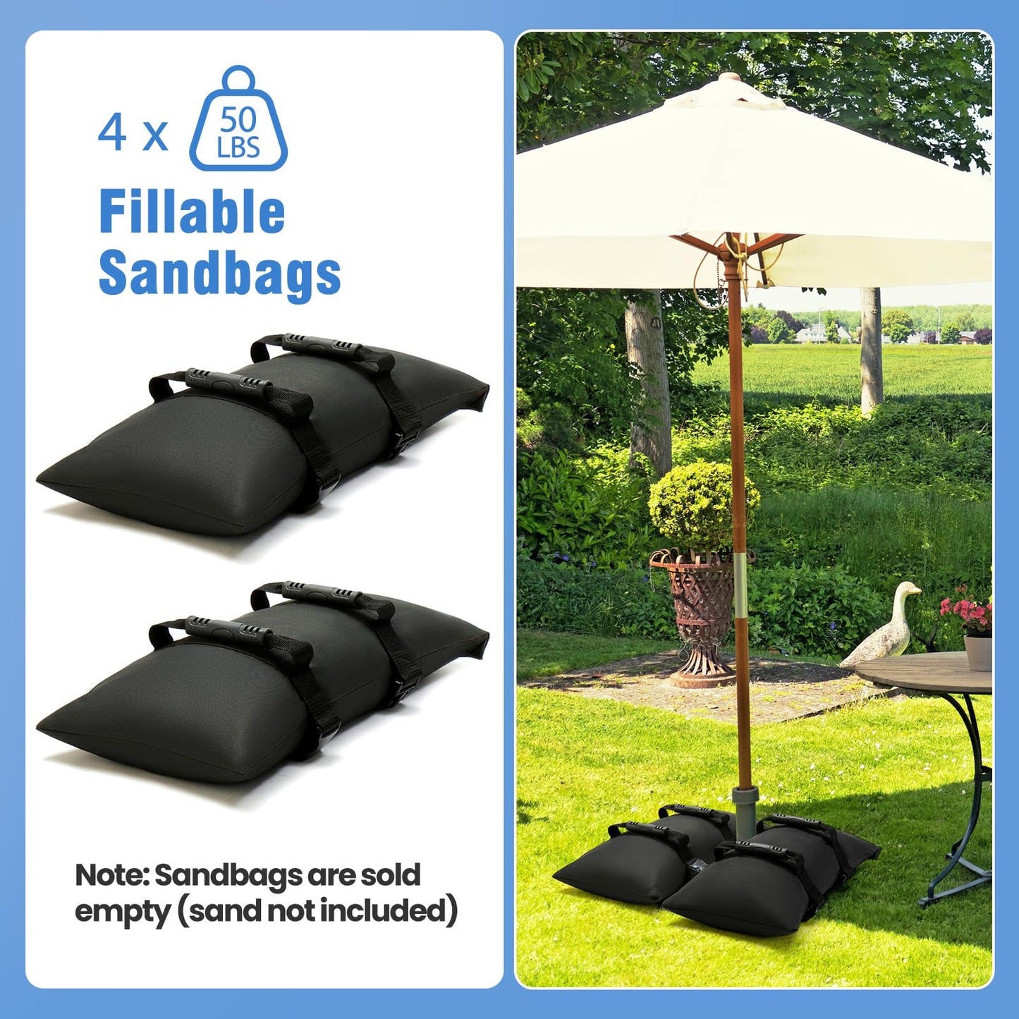 Malomke Sand Bags for Weight, 4-Pack 50LBS Heavy-Duty Fillable Sandbags for Weight to Hold Down Umbrella Base, Patio & Cantilever Umbrella Stands, Outdoor Furniture(Without Sand)(4, Medium)
