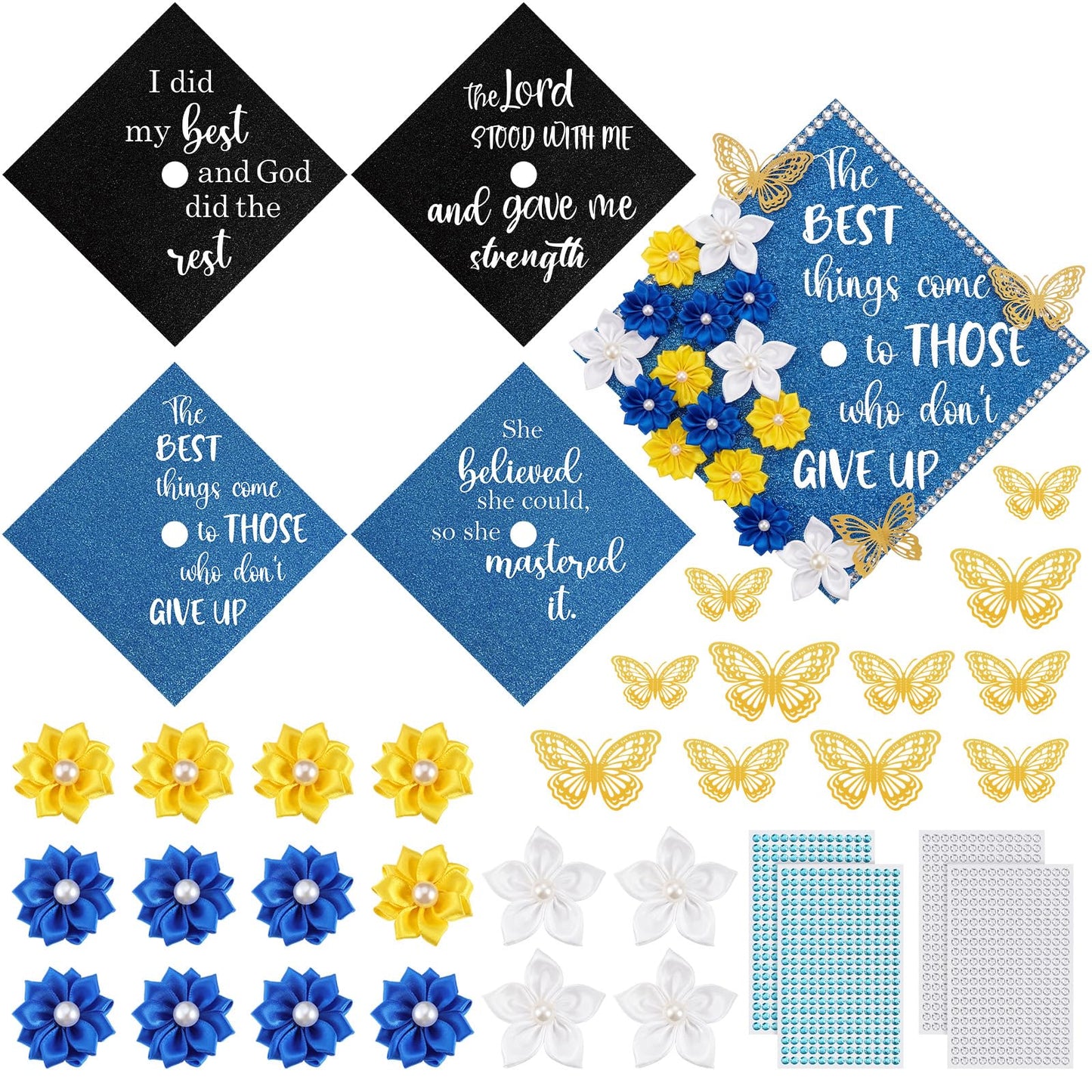Dunzoom 36 Pcs DIY Graduation Cap Decorations Accessory Kit Artificial Flowers Inspirational Cardstock 3D Butterfly Stickers Rhinestone Stickers for DIY Hat Grad Cap Topper Graduation Party(Blue)